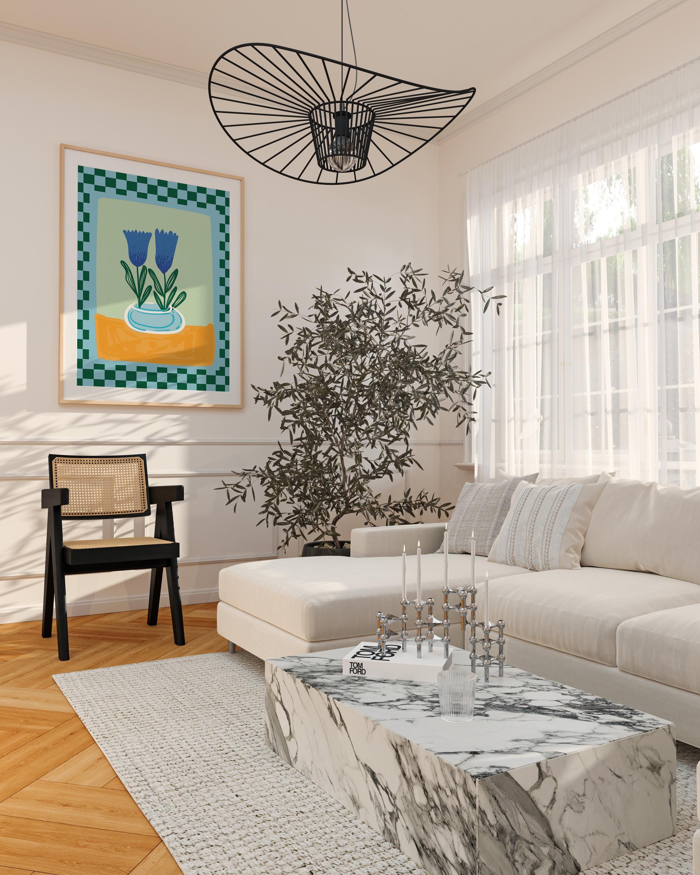 Teal Checker Floral Digital Art Print