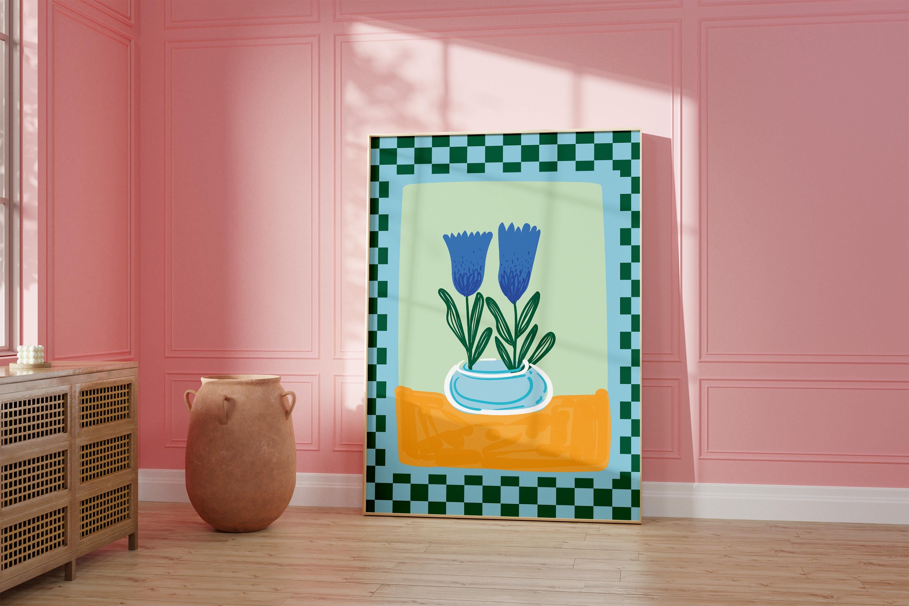 Teal Checker Floral Digital Art Print