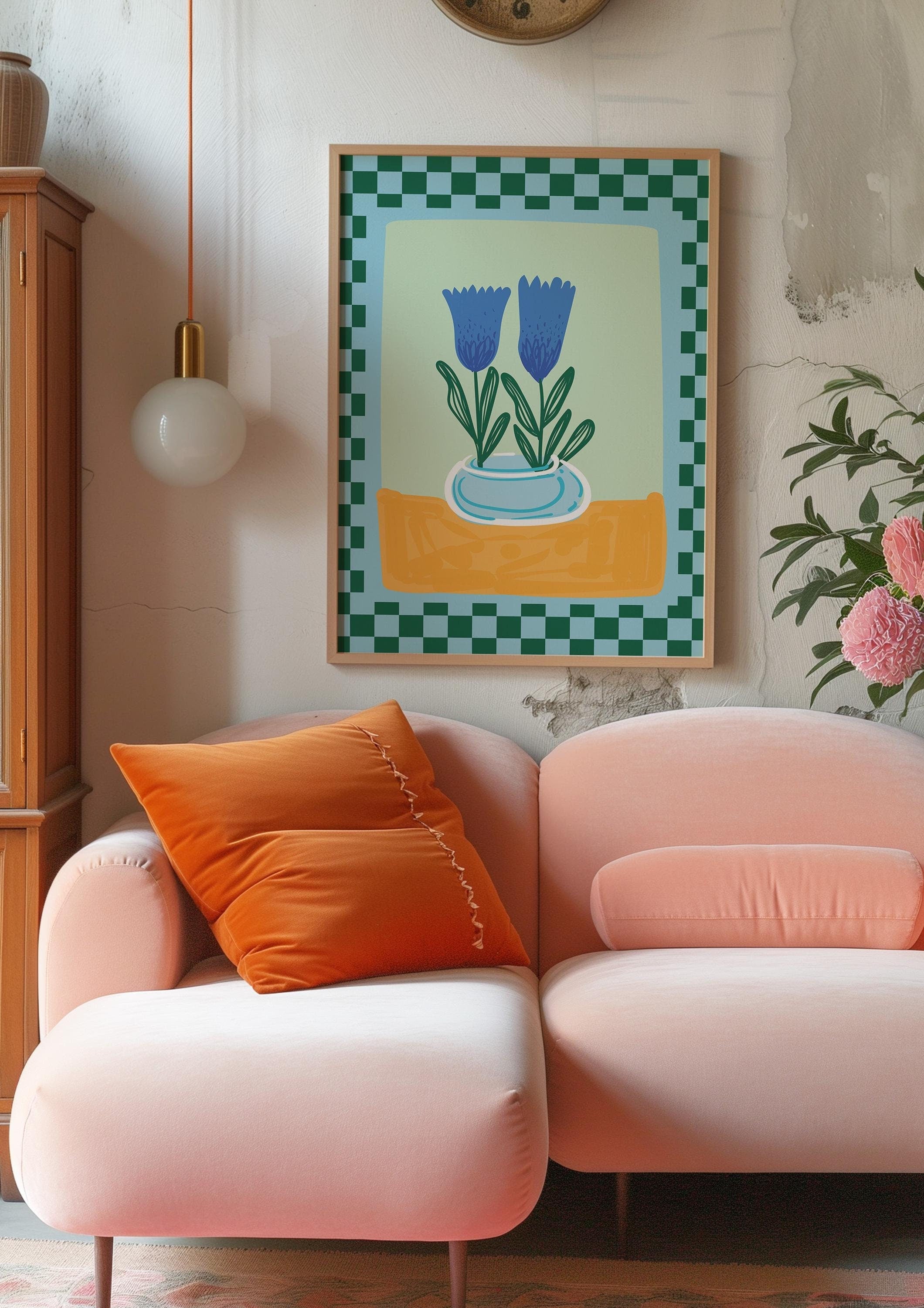 Teal Checker Floral Digital Art Print