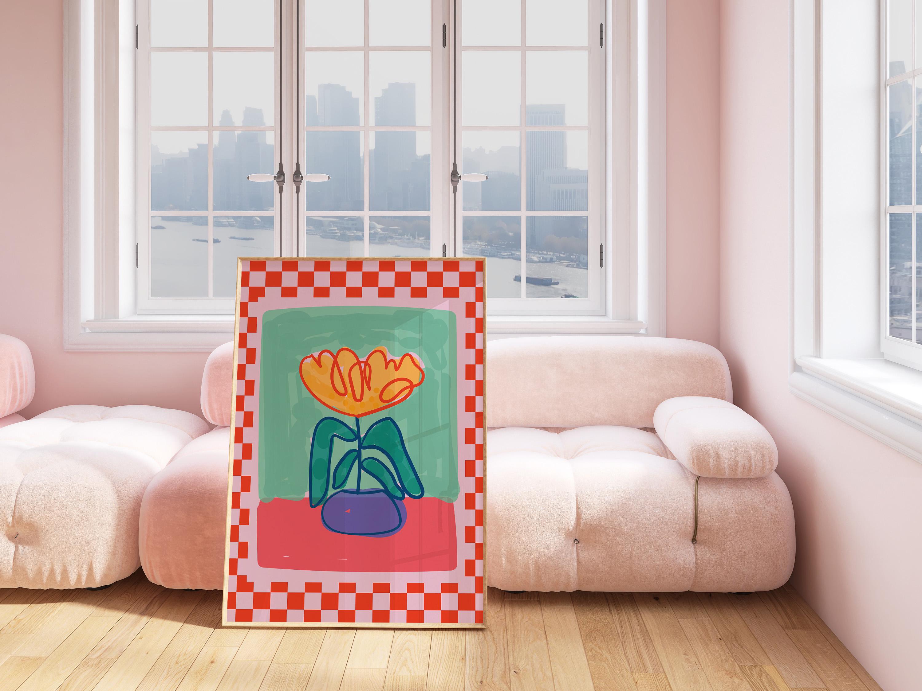 Bouquet of Flowers, Floral Art, Checkered Art Print, Floral Decor, Colorful Print, Funky Floral Art, Trendy Flower Art, Colorful Art Print