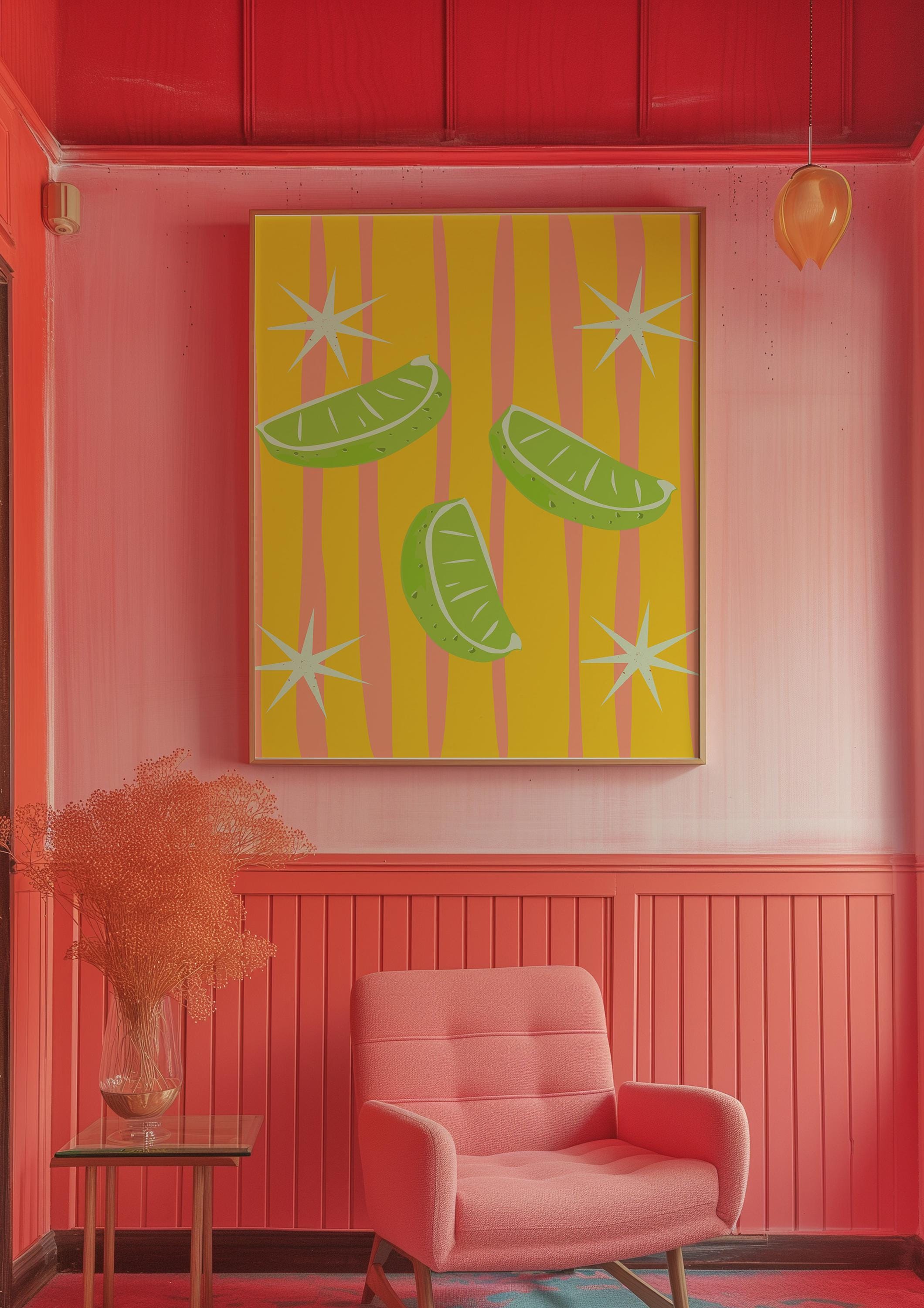 Orange Limes Wall Art, Citrus Wall Art, Fruit Print, Food Art, Dining Room, Kitchen, Striped art print, pink kitchen art, Limes art prints