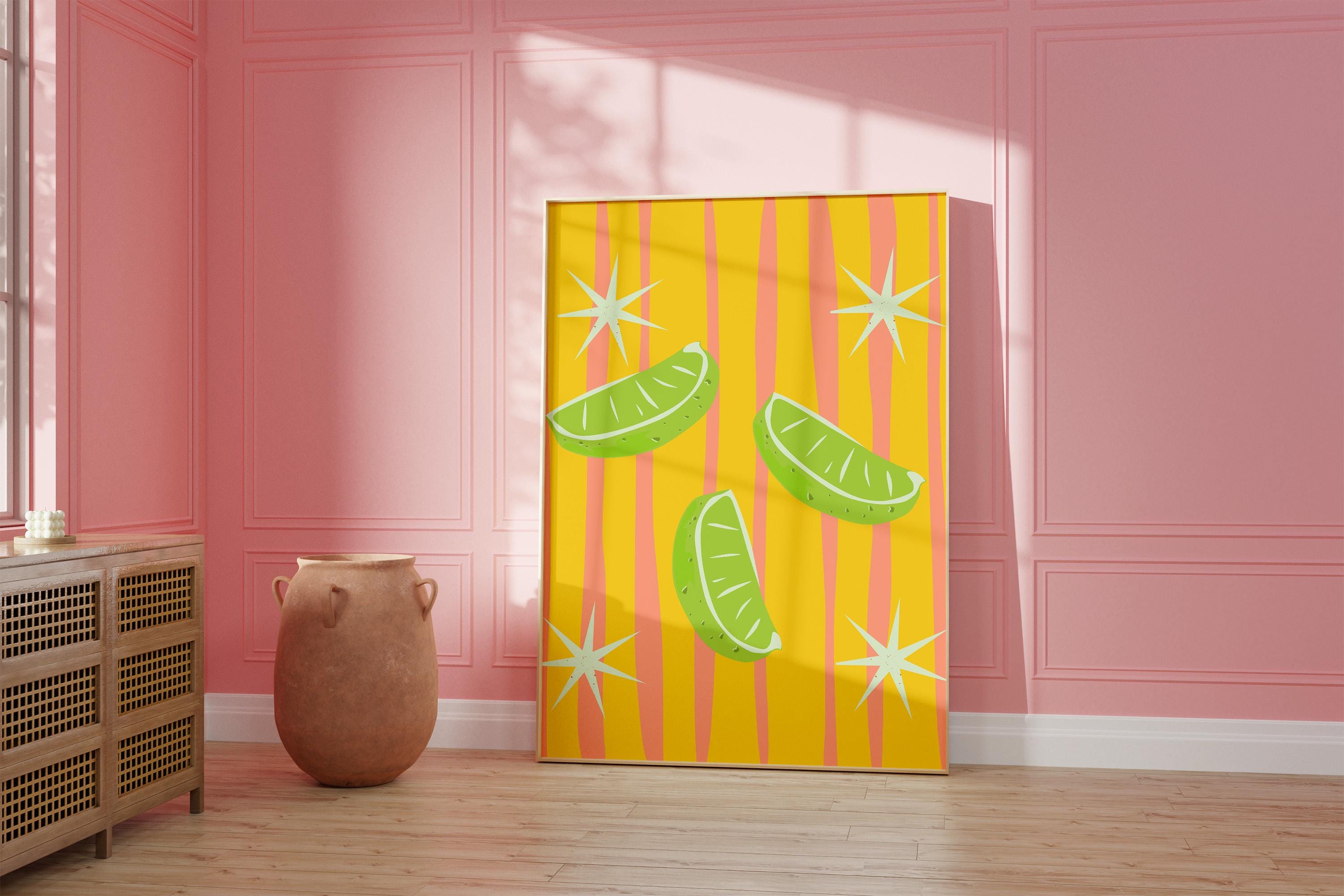 Orange Limes Wall Art, Citrus Wall Art, Fruit Print, Food Art, Dining Room, Kitchen, Striped art print, pink kitchen art, Limes art prints