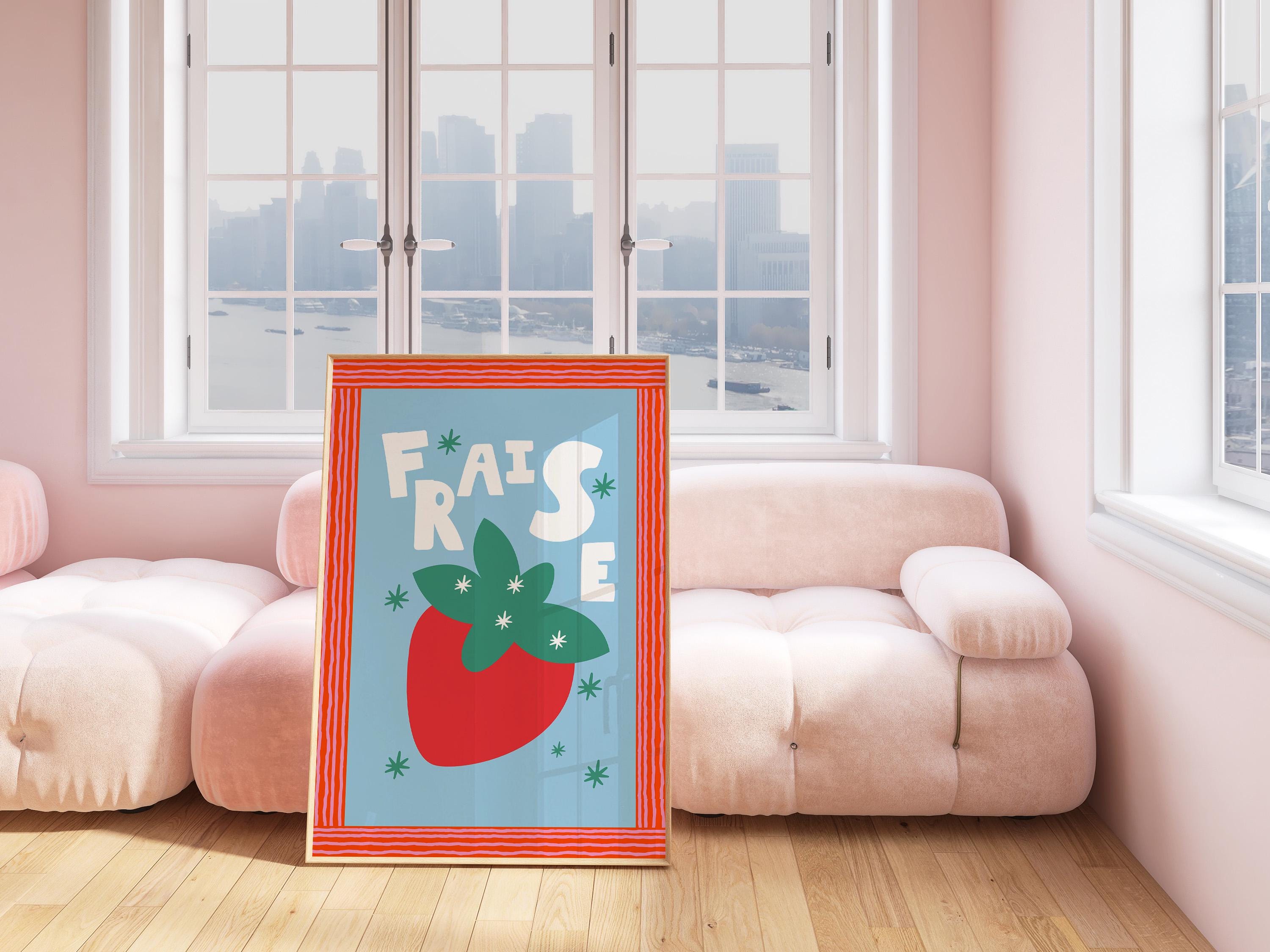 Strawberry Poster, Blue Art Print, Kitchen Art, French Fruit Prints, Trendy Fruit Art, Fruit Market Art, French Art Print, GS Print Shoppe