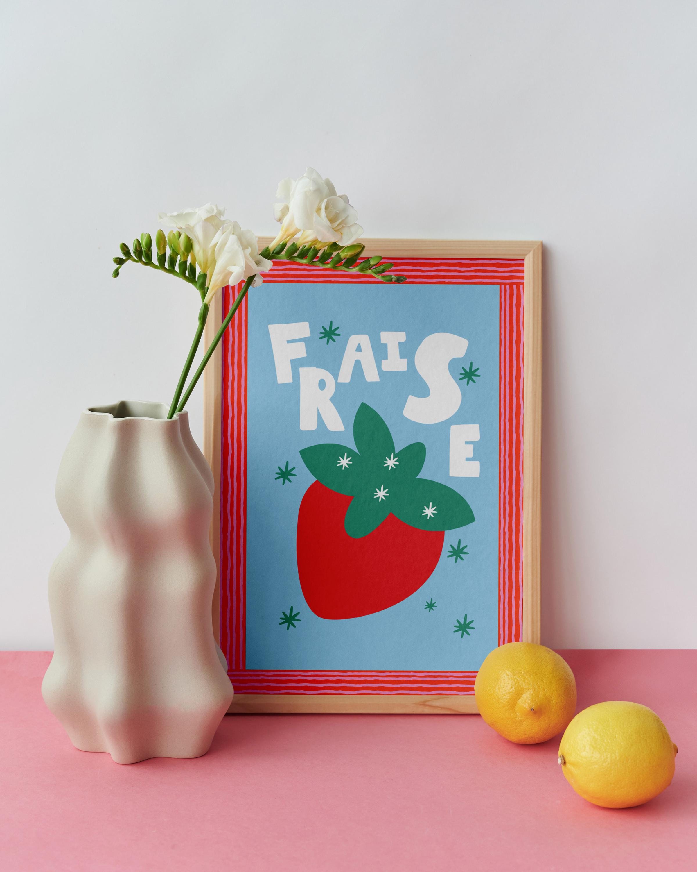 Strawberry Poster, Blue Art Print, Kitchen Art, French Fruit Prints, Trendy Fruit Art, Fruit Market Art, French Art Print, GS Print Shoppe