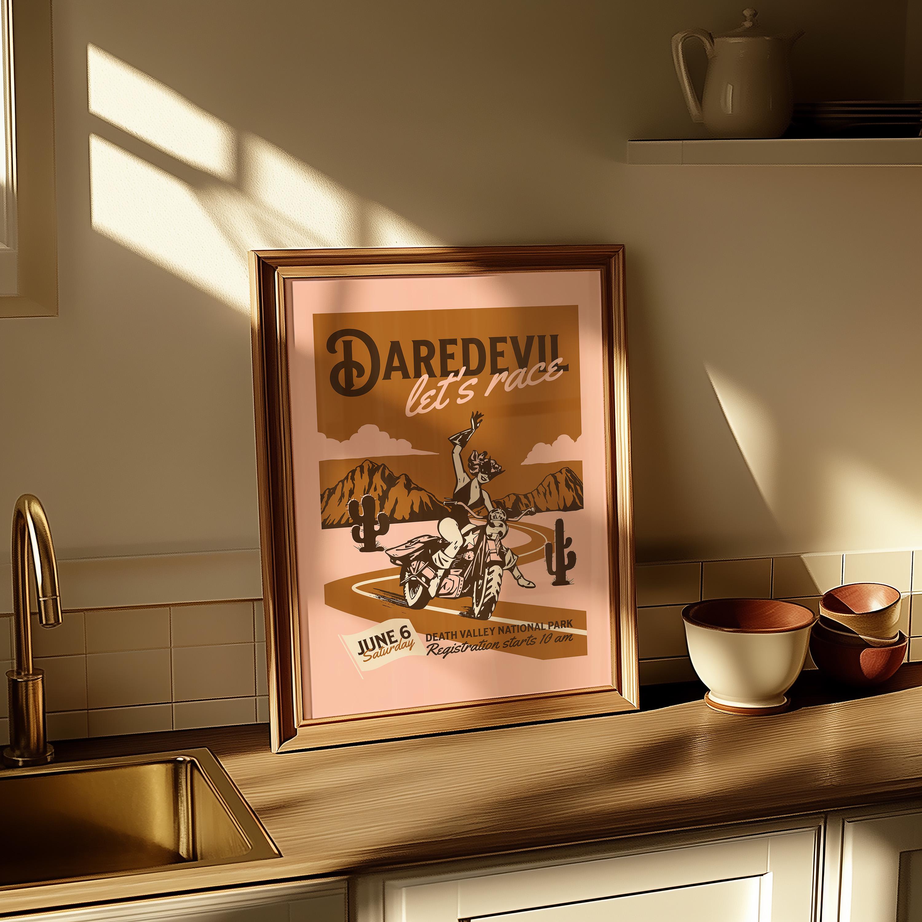 Daredevil Art,Large Wall Art,Pink Wall Print,Retro Cartoon Art,Living Room Decor,Funny Wall Art,Motorcycle Art, Gs Print Shoppe