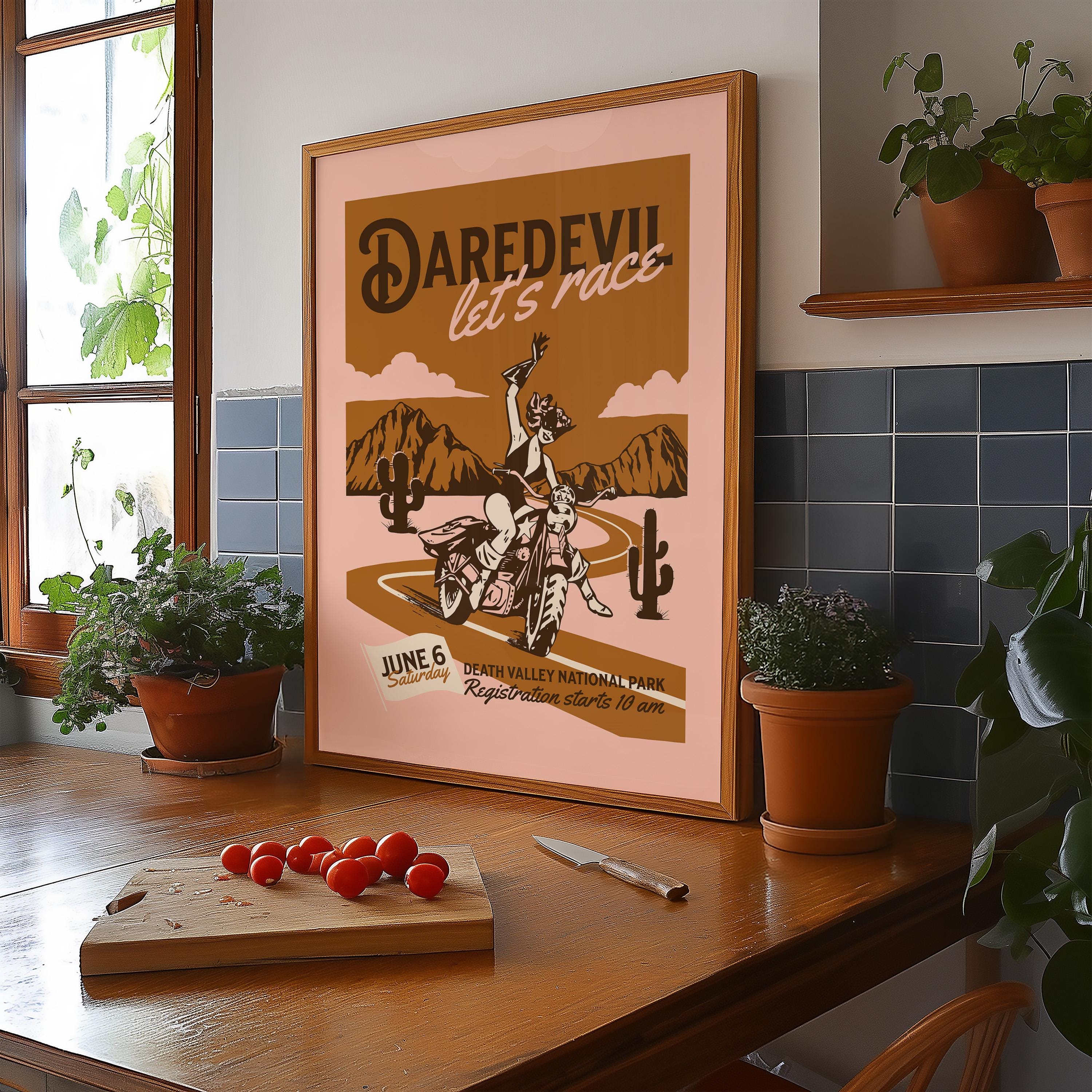 Daredevil Art,Large Wall Art,Pink Wall Print,Retro Cartoon Art,Living Room Decor,Funny Wall Art,Motorcycle Art, Gs Print Shoppe