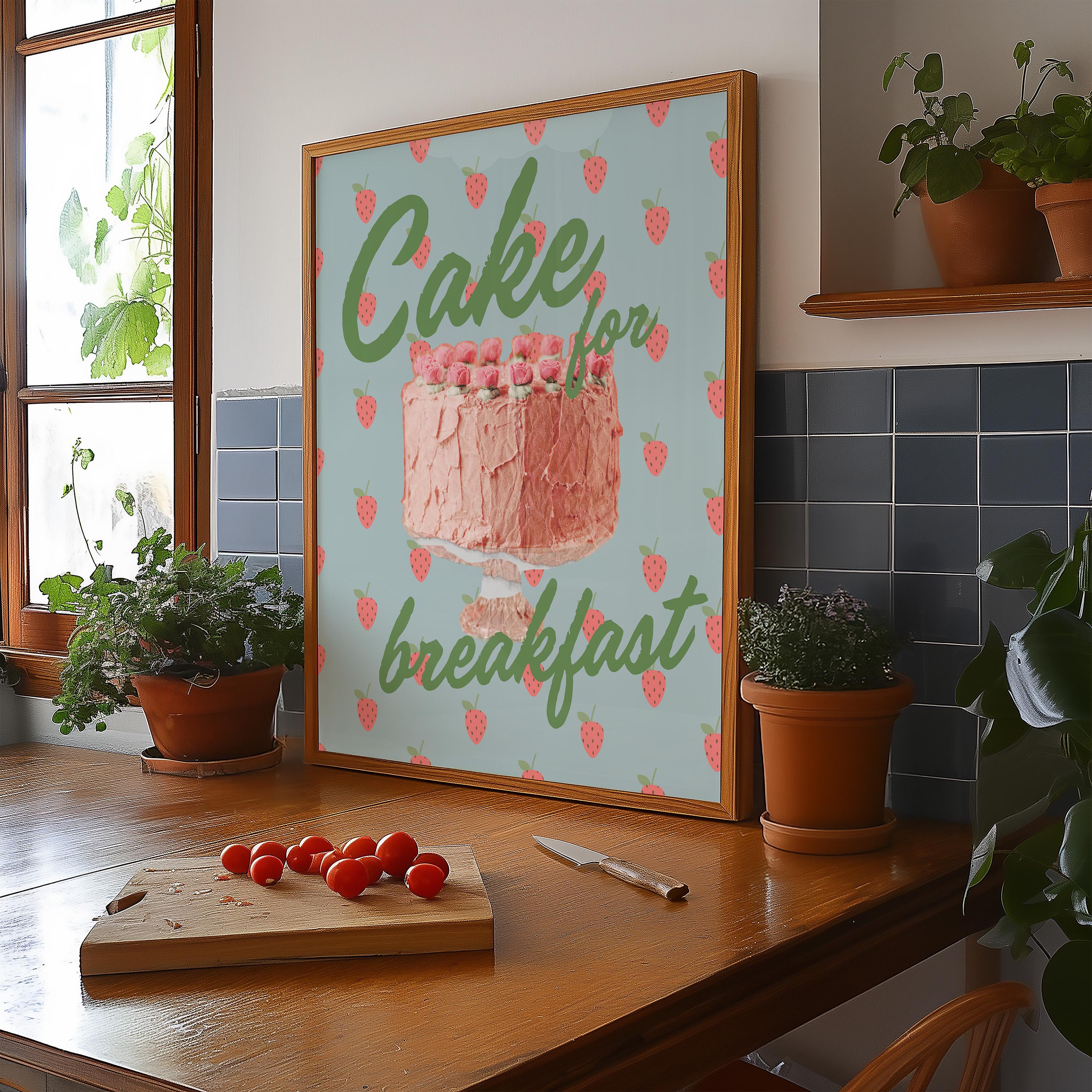Cake Art, Cute Cate Poster, Coquette Cake Art, Cake Posters, Pink Kitchen Wall Decor, Pink Cake Art, Retro Cake Print, Cake for Breakfast