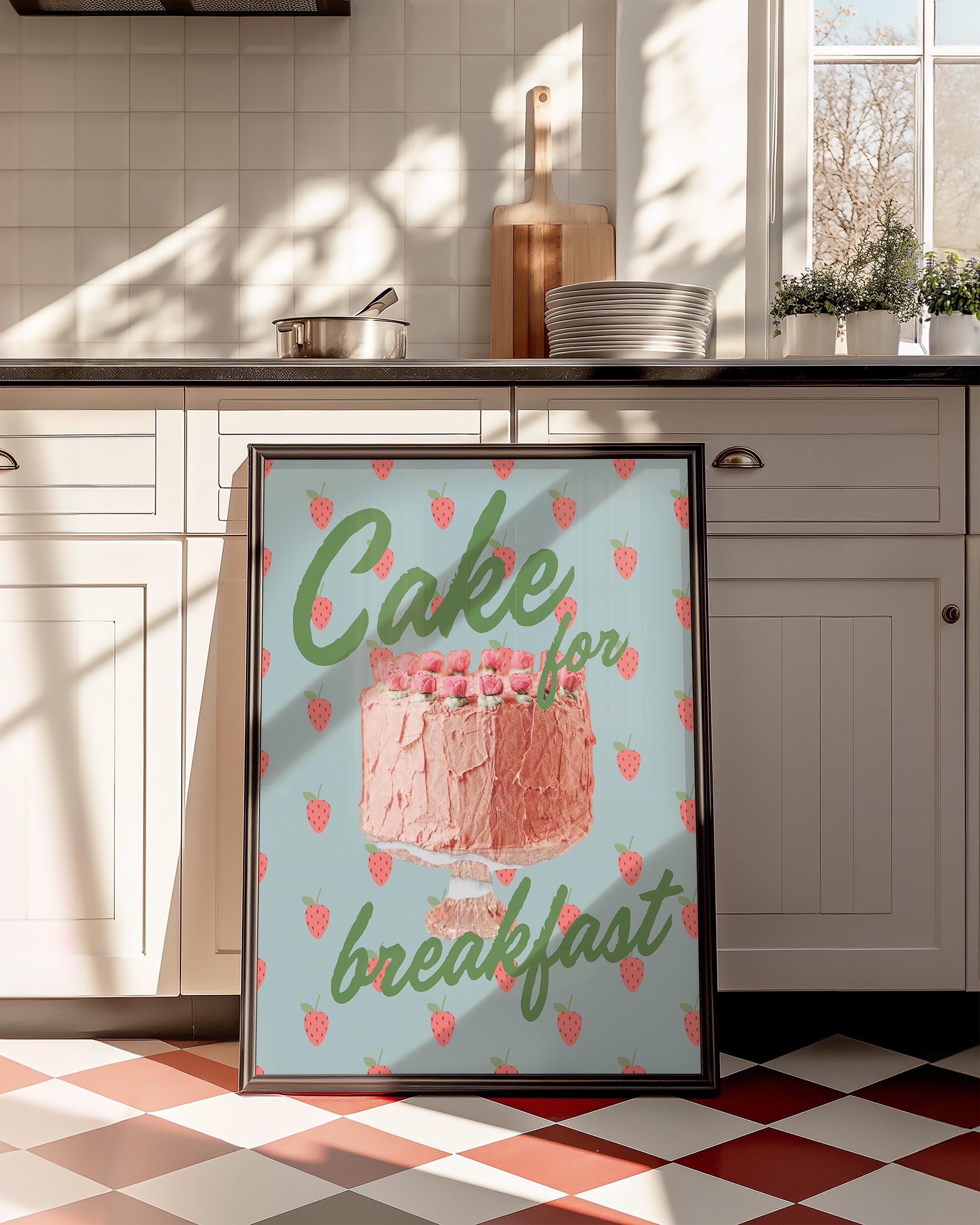 Cake Art, Cute Cate Poster, Coquette Cake Art, Cake Posters, Pink Kitchen Wall Decor, Pink Cake Art, Retro Cake Print, Cake for Breakfast
