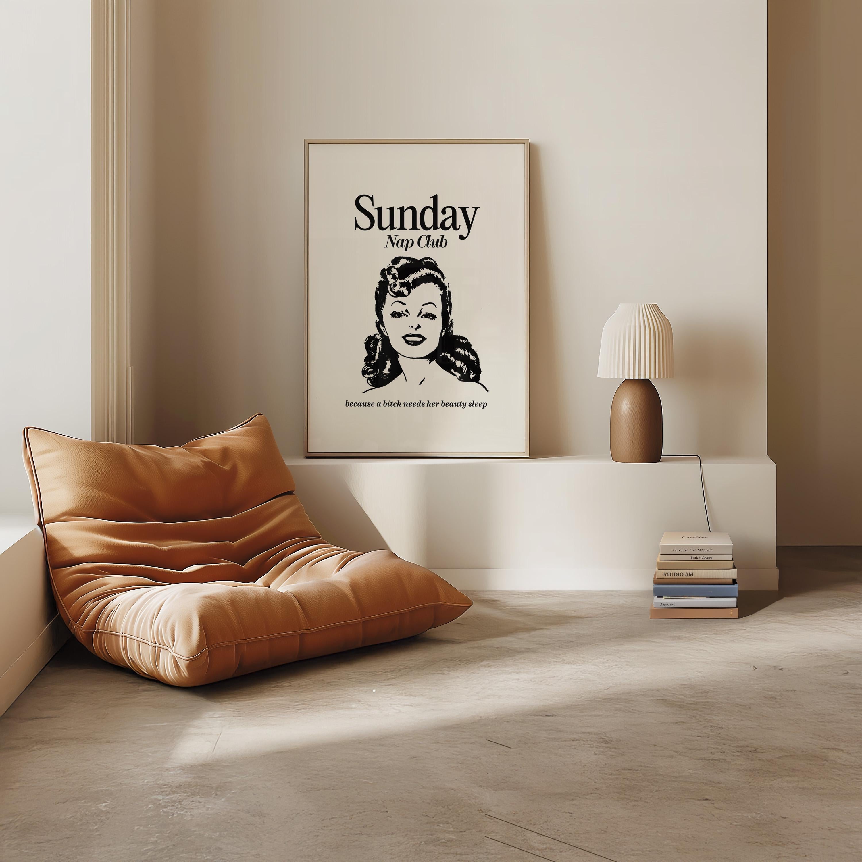 Sunday Nap Club-Large Wall Art-White Wall Print-Retro Cartoon Art-Downloadable Print-Reading Art Prints-Living Room Decor-Funny Wall Art