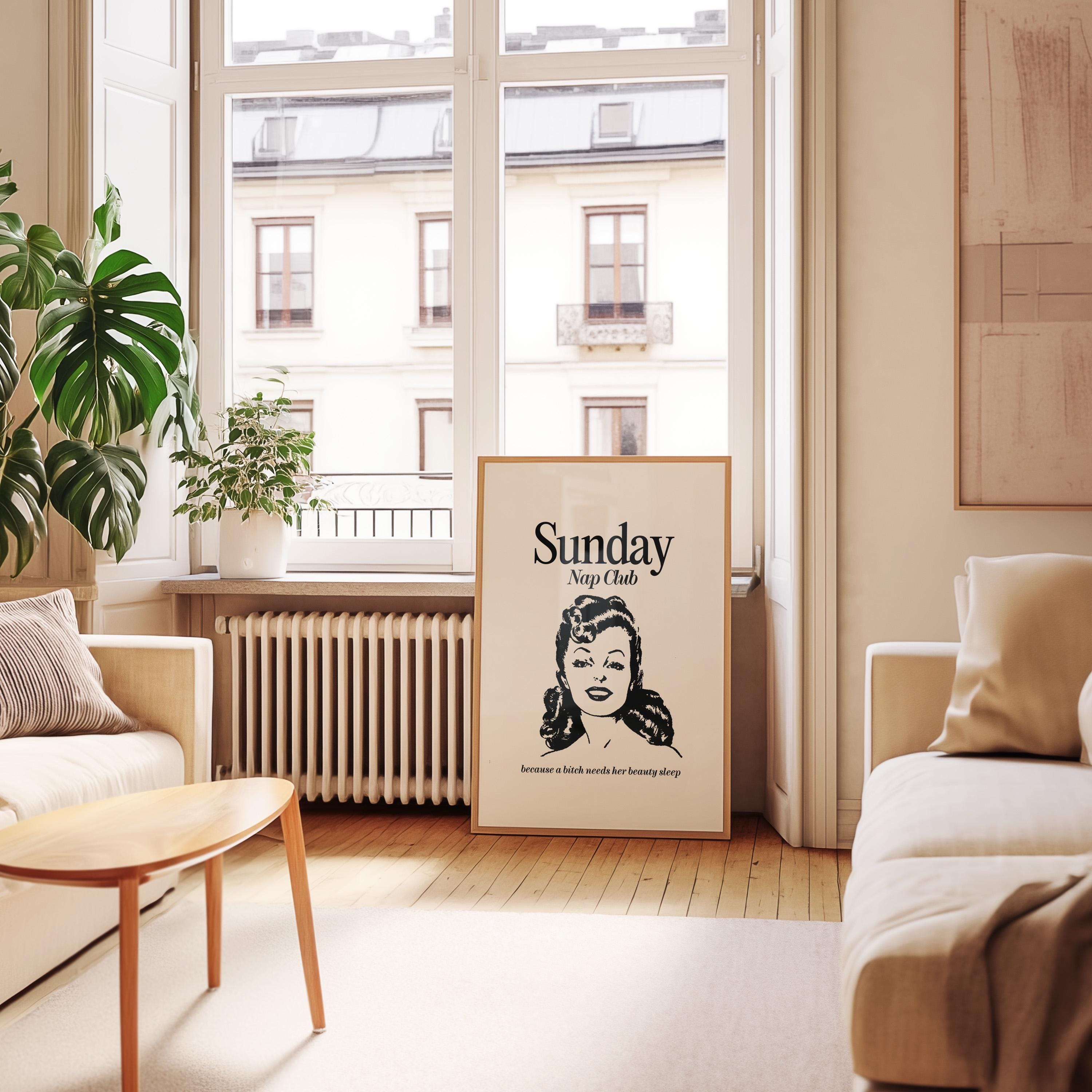 Sunday Nap Club-Large Wall Art-White Wall Print-Retro Cartoon Art-Downloadable Print-Reading Art Prints-Living Room Decor-Funny Wall Art