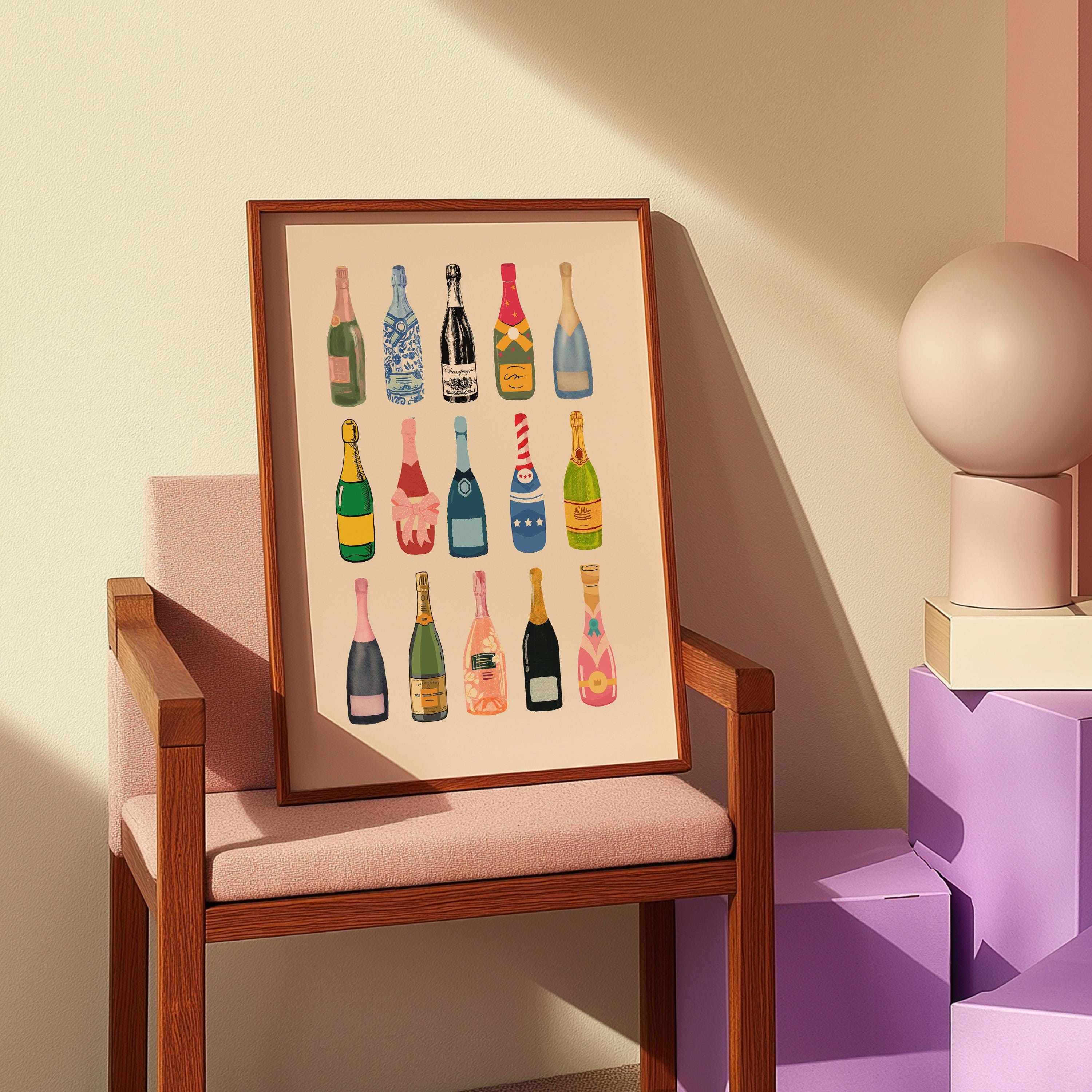 Retro Champagne Poster-Wall Print-Digital Download-Preppy Pink Prints-Barbie Doll Art-Vintage Doll Art-Y2K Aesthetic-Girly Bar Cart Art