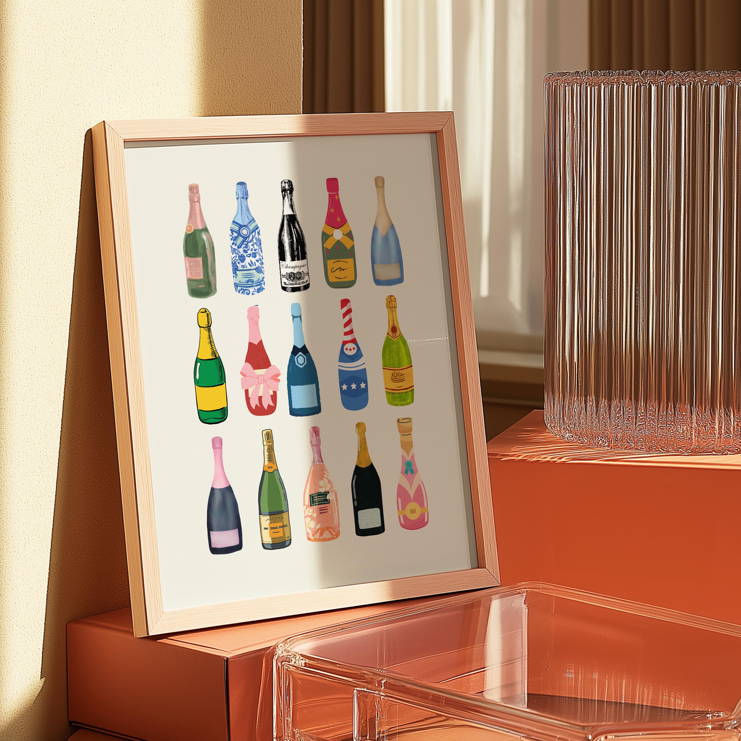 Retro Champagne Poster-Wall Print-Digital Download-Preppy Pink Prints-Barbie Doll Art-Vintage Doll Art-Y2K Aesthetic-Girly Bar Cart Art