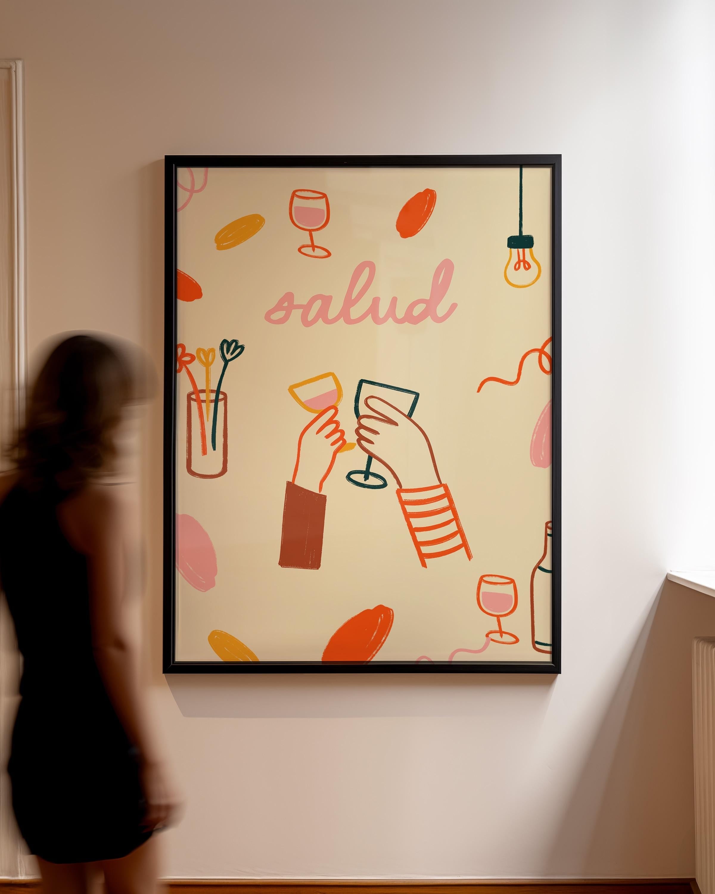 Salud Art Print, Cheers Neutral Poster, Retro Wine Print, Salud Cheers Print, Trendy Art, Bar Cart Prints, GS Print Shoppe