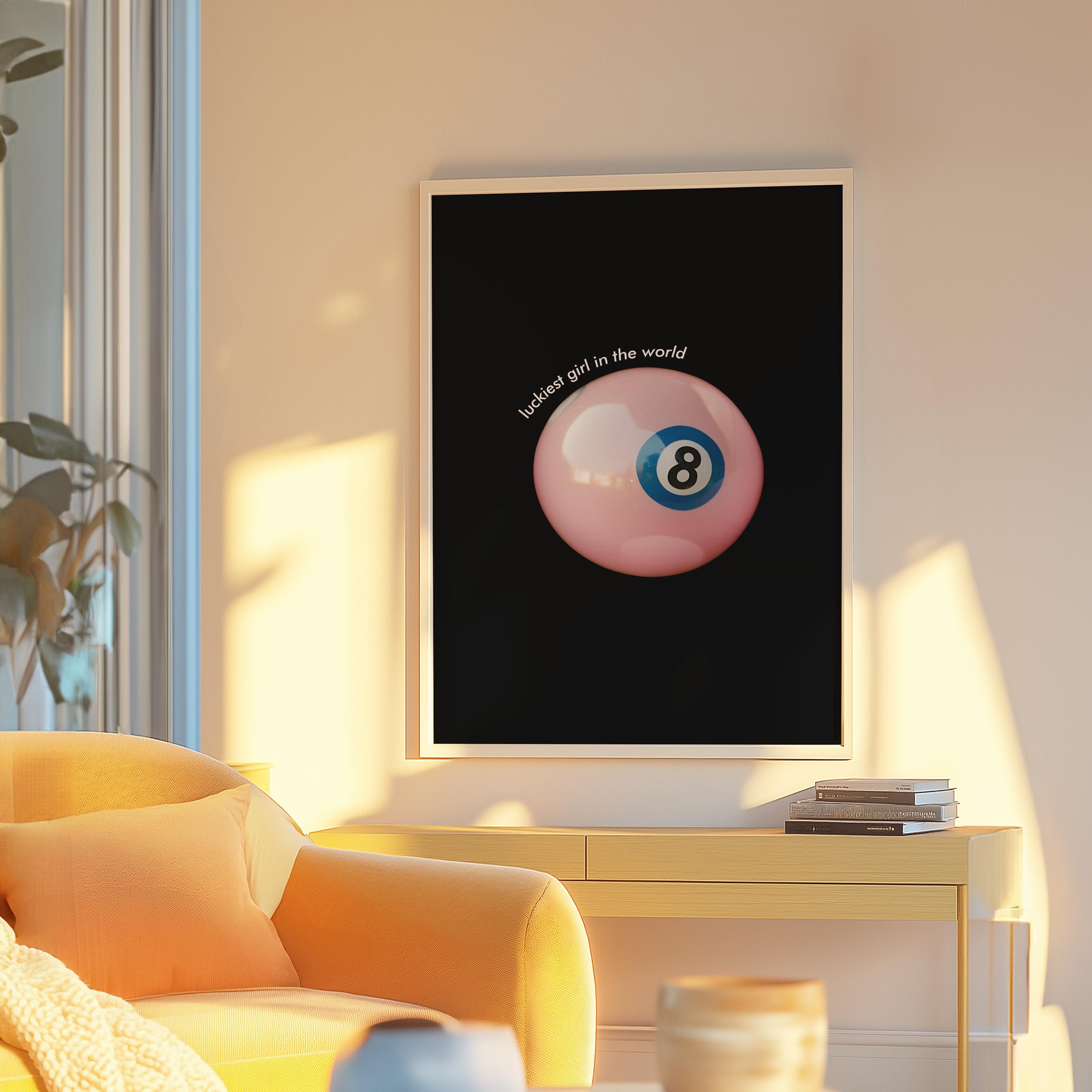 Vintage Pool Ball Print, Lucky 8 Ball Wall Art, Retro Hand Drawn Eight Ball Poster, Pink Lucky You Print, GS Print Shoppe