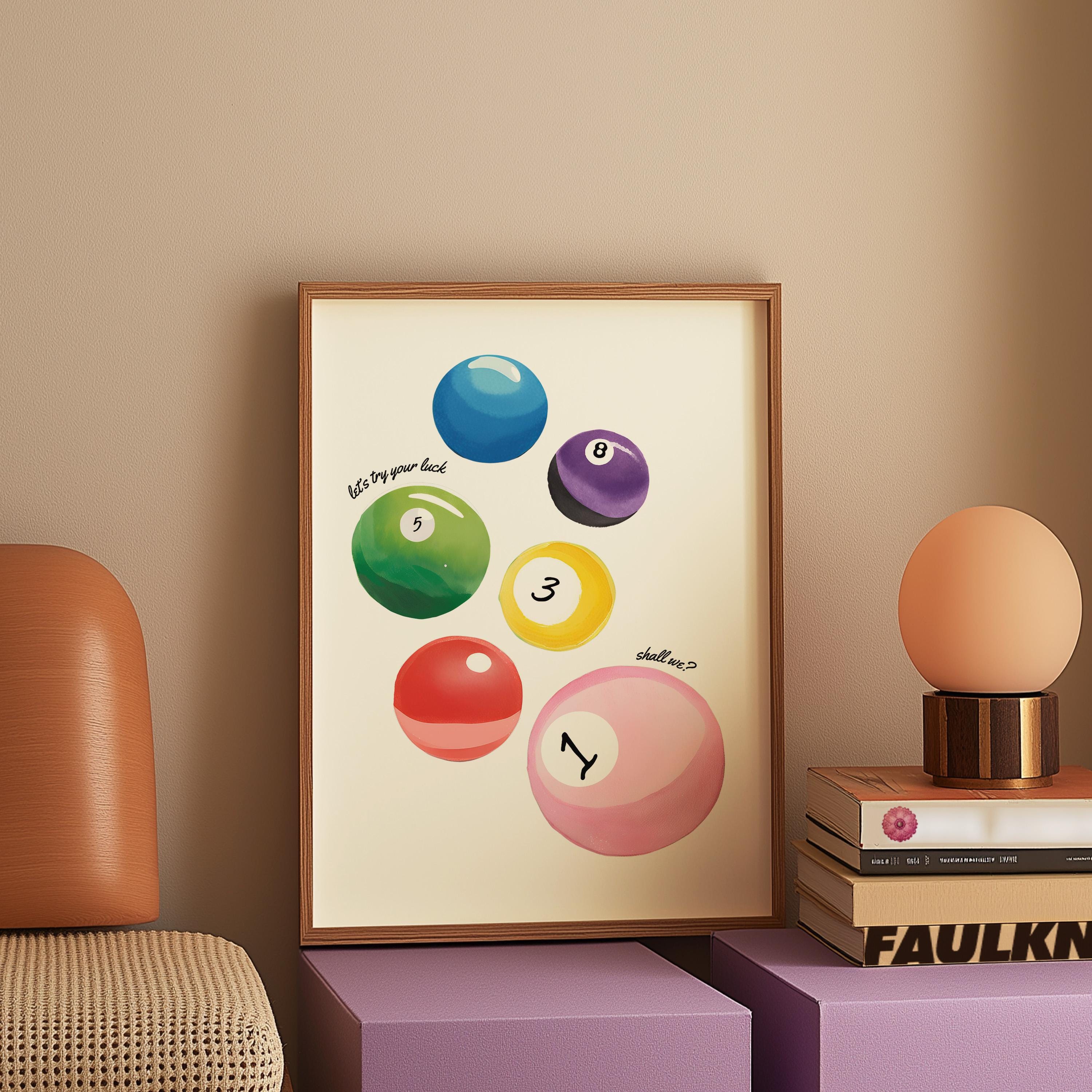 Lucky 8 Ball Print, Retro Lucky Girl Poster, Funky Aesthetic Print for Apartment, Retro Hand-Drawn Wall Art, GS Print Shoppe