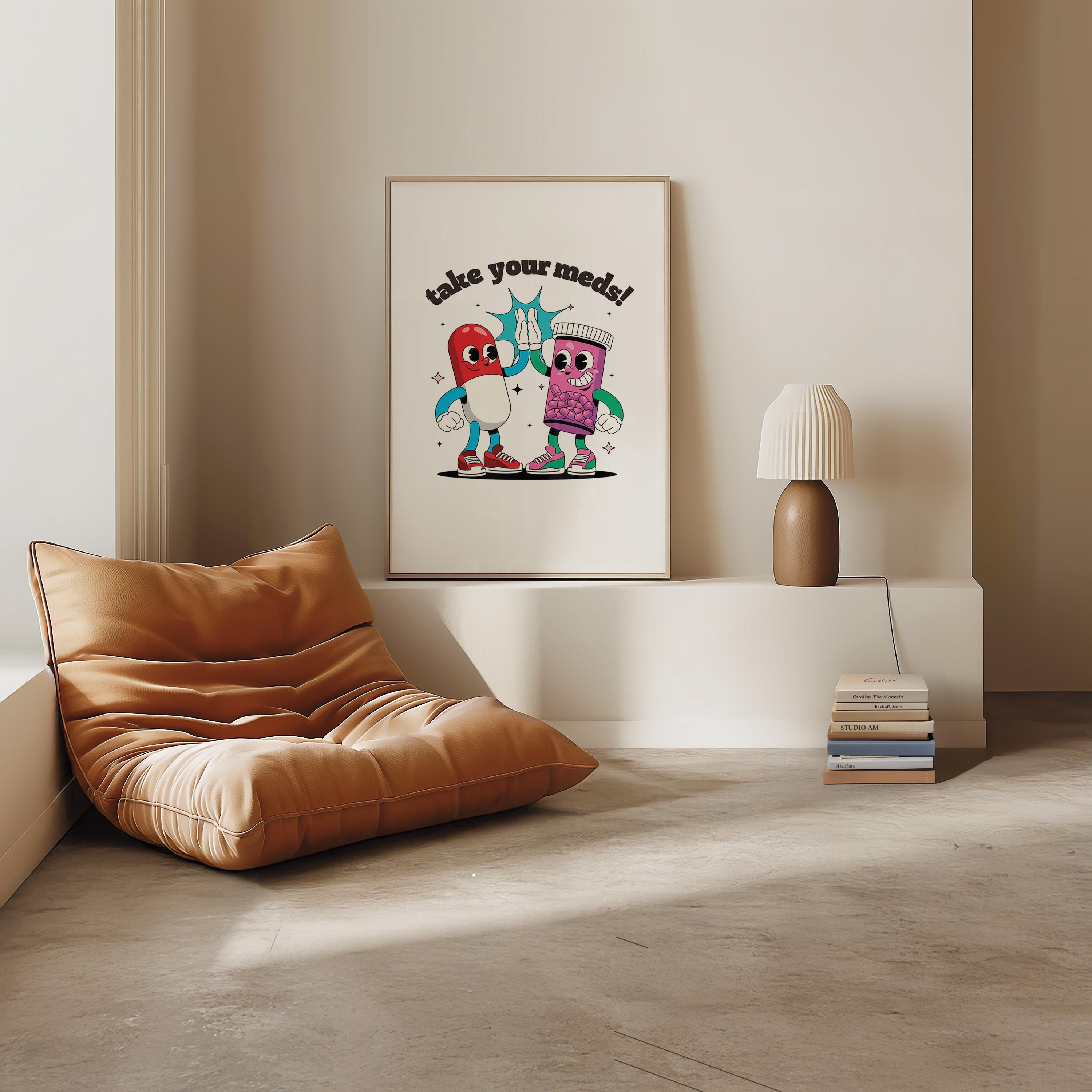 Take Your Meds-Digital Download-Wall Print-Retro Art-Downloadable Print-Trendy Art-70s Art Print-Retro Character-Mental Health Art Print