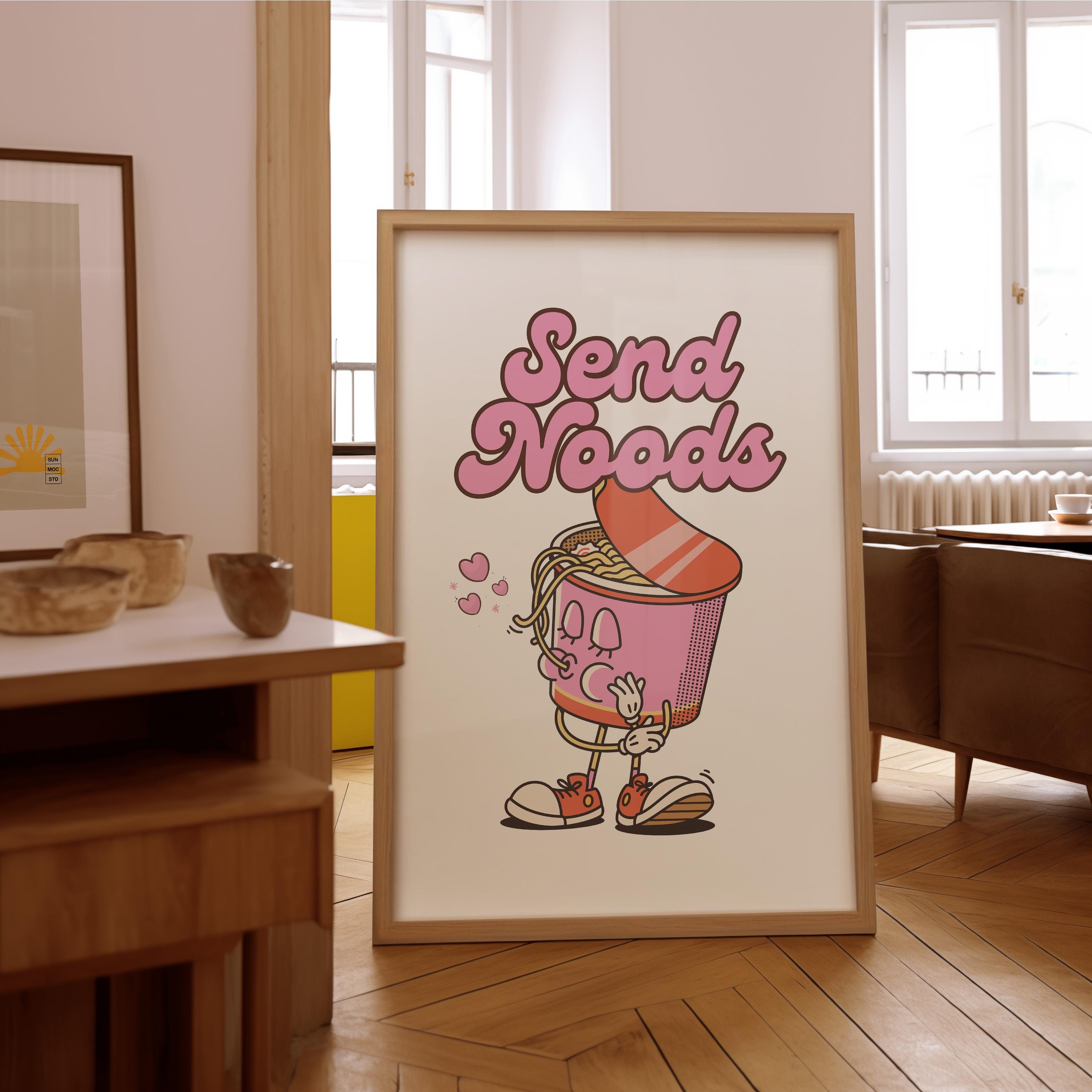 Send Noods Print, Retro Kitchen Print, Pink Noodles Wall Print, Asian Food Wall Art, Retro Poster, Retro Quote Print, Cup of Noodles Art