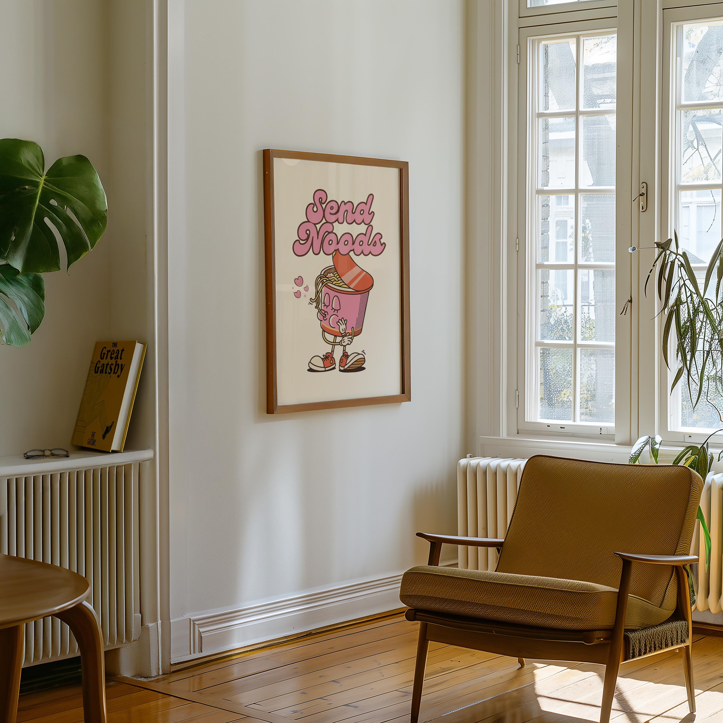 Send Noods Print, Retro Kitchen Print, Pink Noodles Wall Print, Asian Food Wall Art, Retro Poster, Retro Quote Print, Cup of Noodles Art