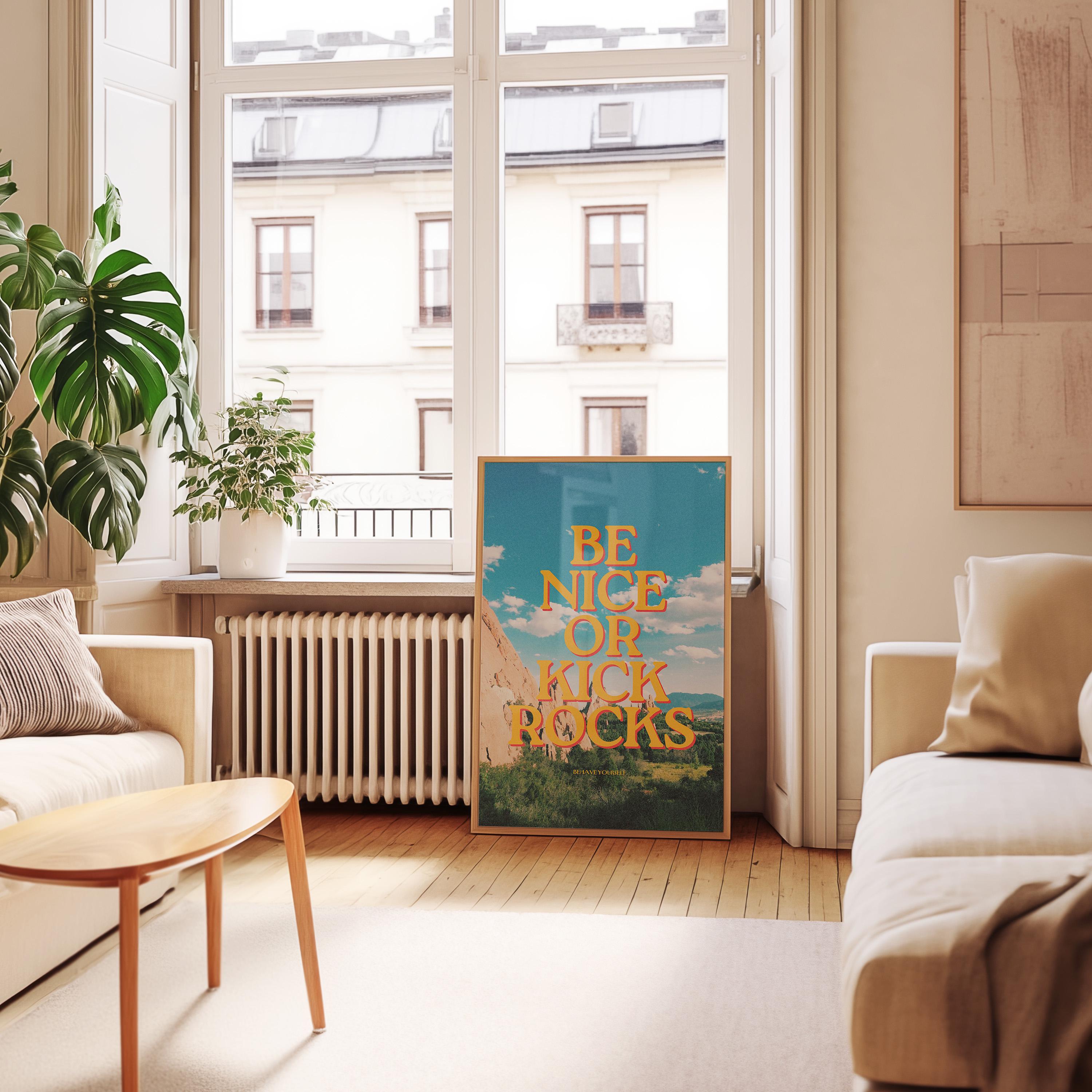 Be Nice Art Print, Bar Cart Art, Good Vibes Art Print, Positivity Art Prints, Positive Decor, Be Nice or Kick Rocks, gs print shoppe