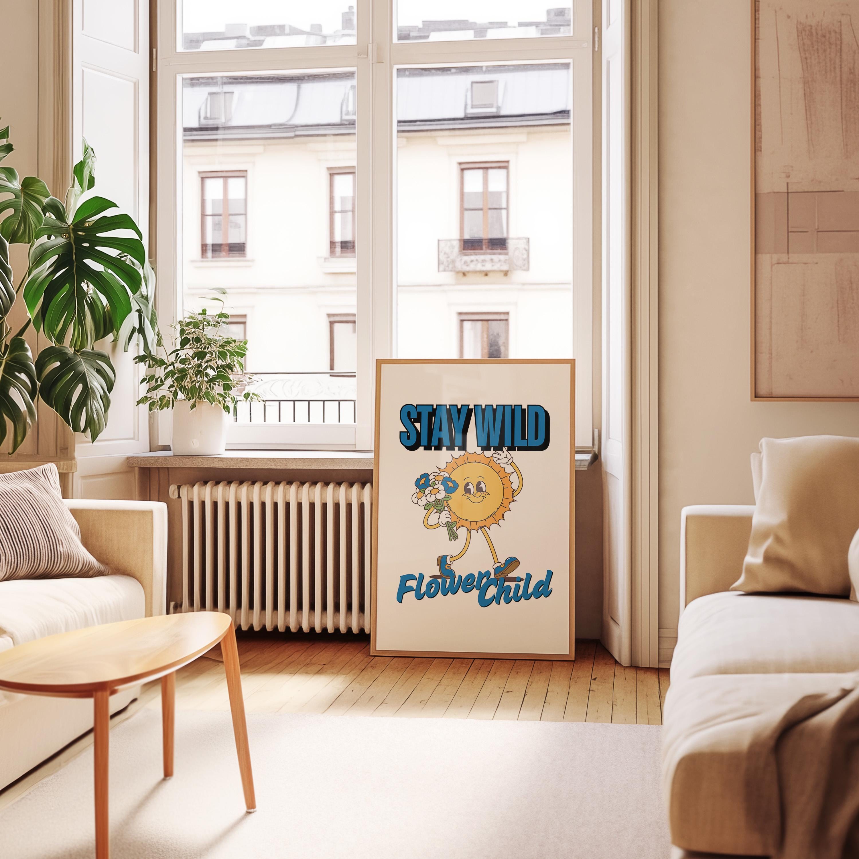 Stay Wild Art, Classroom Art, Cute Retro Print, Sun Cartoon, Retro Mascot Print, Funky Groovy Minimal Retro Poster, gs print shoppe