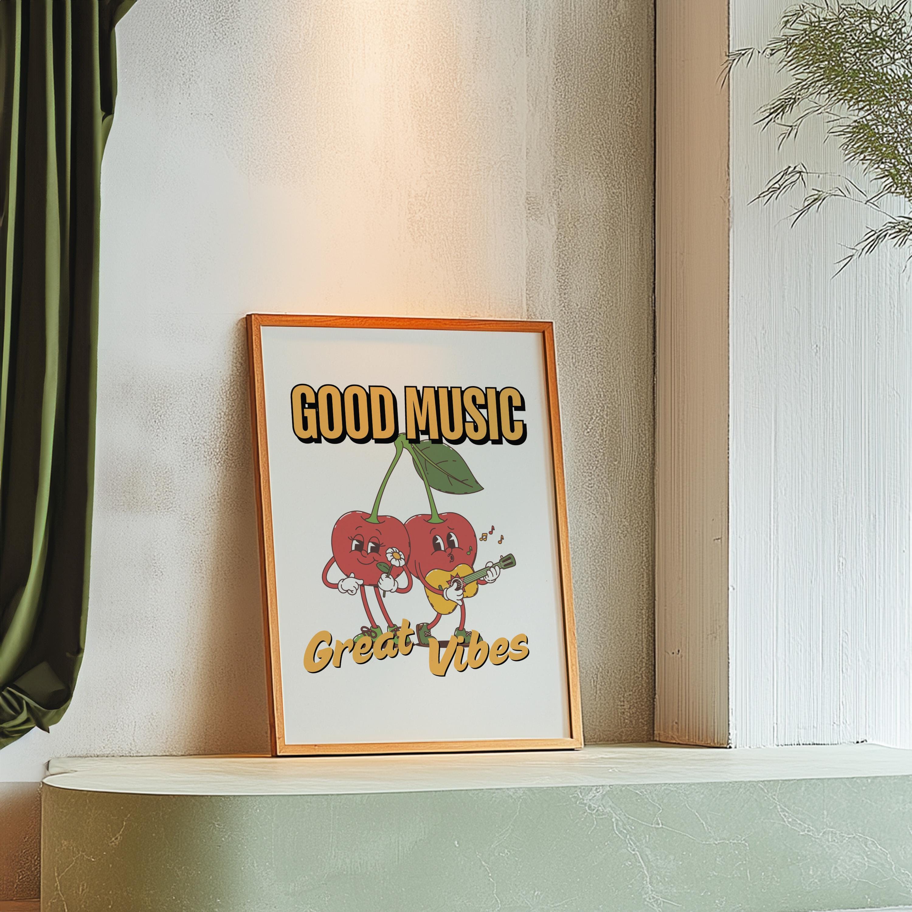 Music Art, Classroom Art, Cute Retro Print, Cherry Cartoon, Retro Mascot Print, Funky Groovy Minimal Retro Poster, gs print shoppe