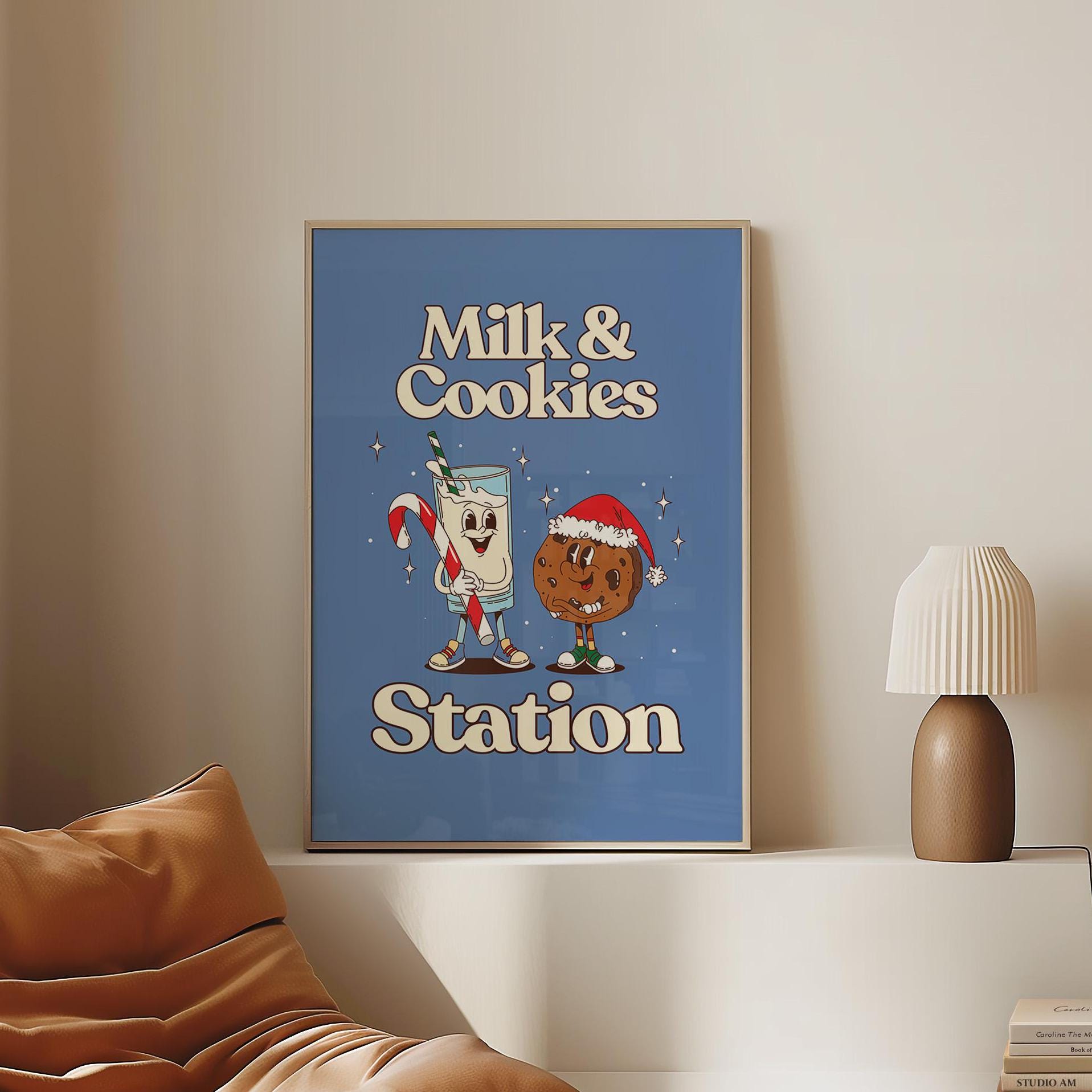 Retro Christmas Print, Christmas Wall Art, Groovy Christmas Prints, 70&#39;s Christmas Art, Digital Download, GS Print Shoppe, Milk and Cookies