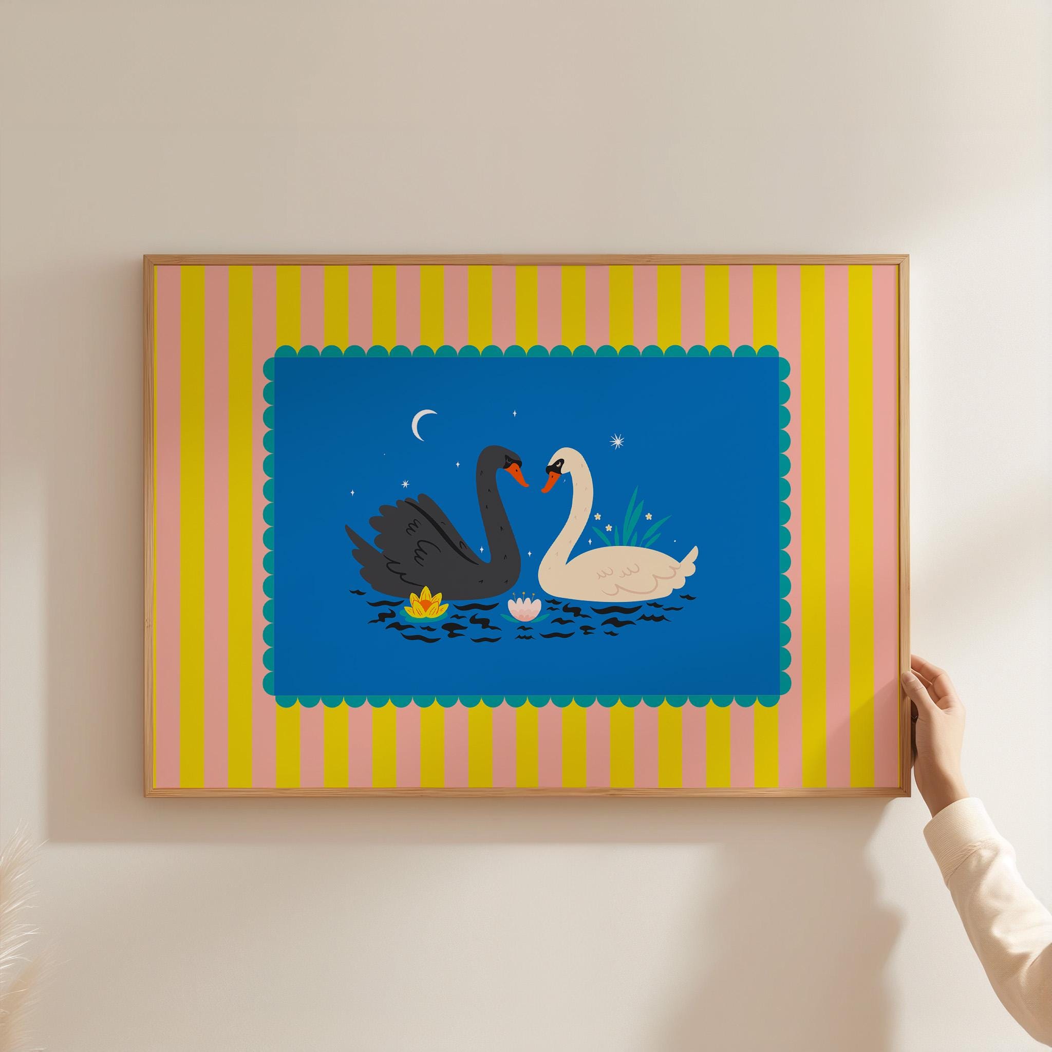 Exhibition Poster, Aesthetic Home Wall Decor, Art Colorful Illustration, Digital Art, Retro Trendy Gift, Swan art print, animal colorful art