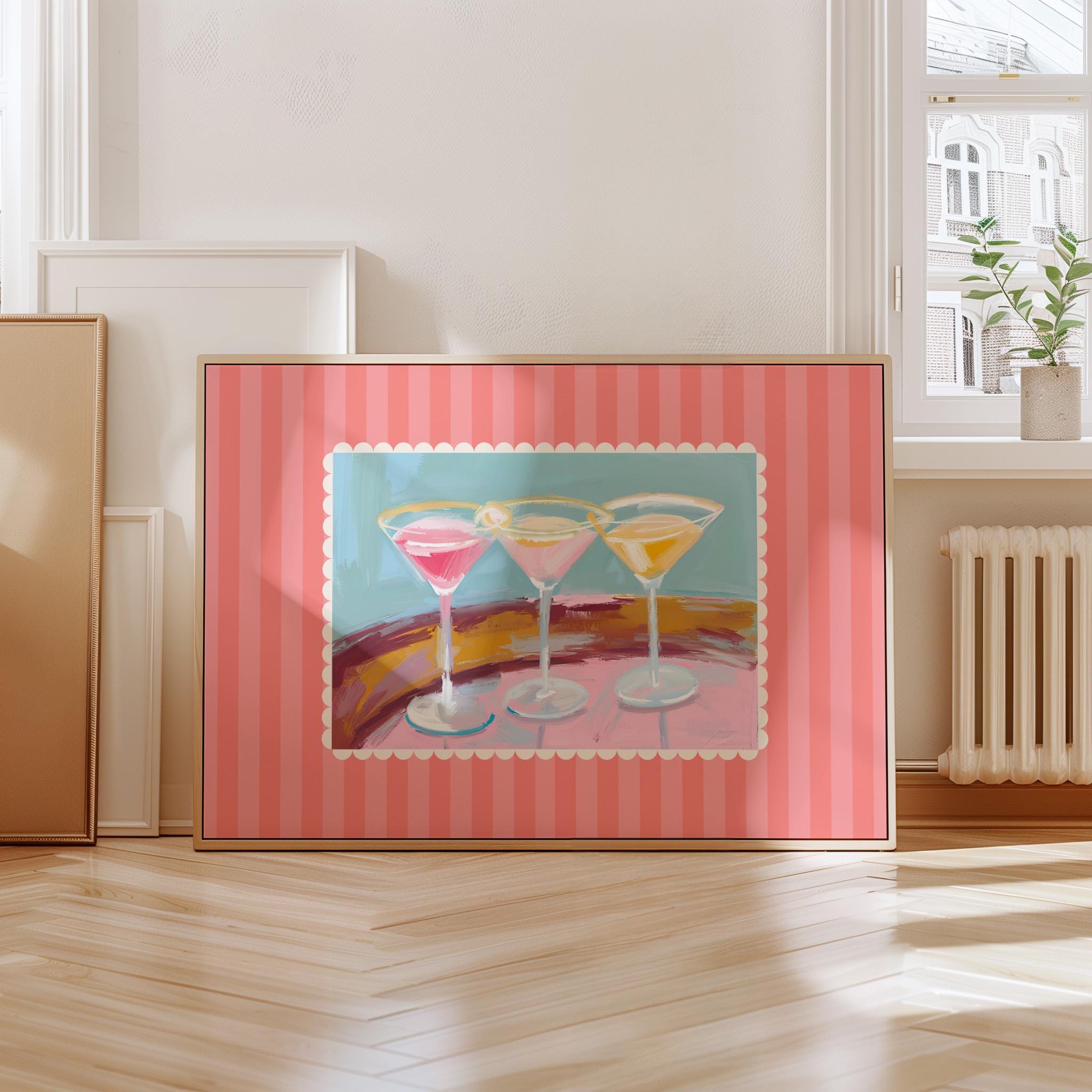 Pink wall art, Martini Glasses Art, Wall Art Bar, Retro cocktail wall, Martini Poster, Download Print, gs print shoppe, martini pink print