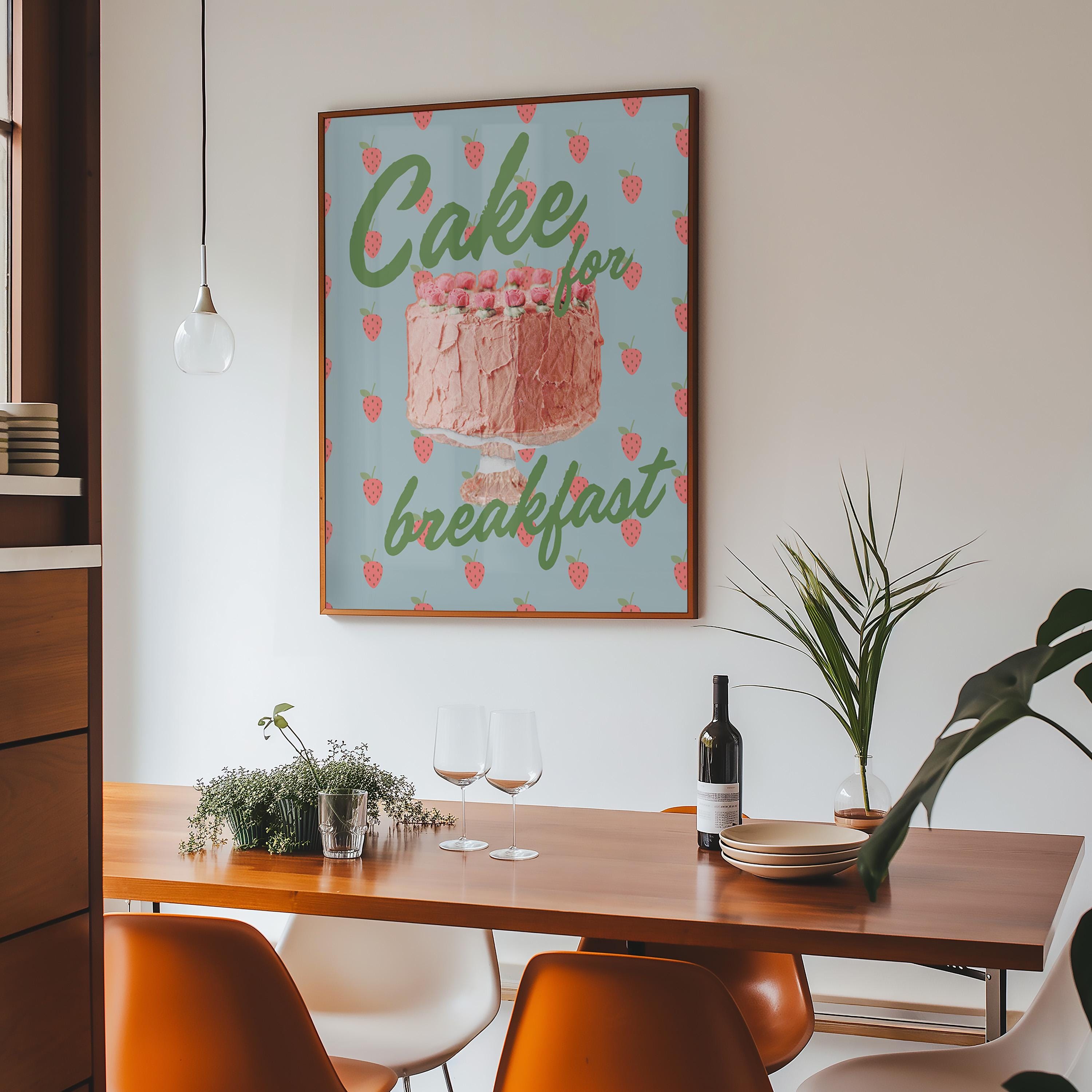 Cake Art, Cute Cate Poster, Coquette Cake Art, Cake Posters, Pink Kitchen Wall Decor, Pink Cake Art, Retro Cake Print, Cake for Breakfast