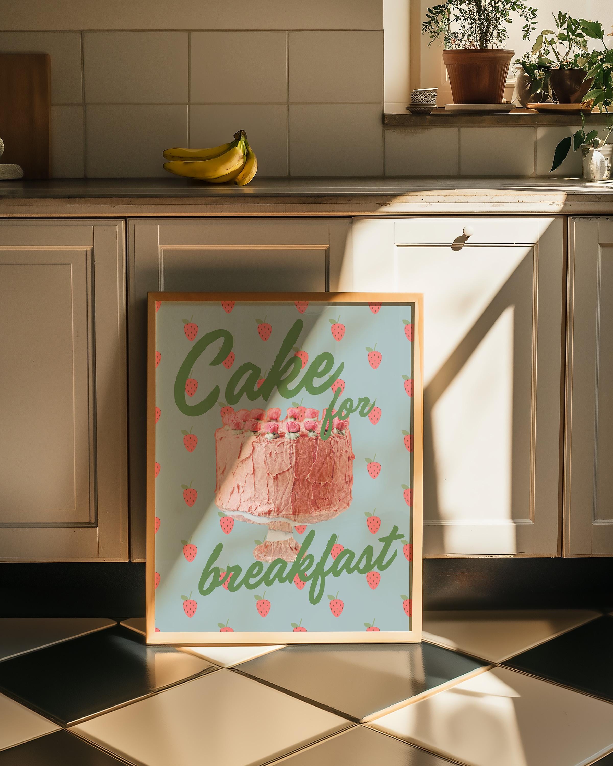 Cake Art, Cute Cate Poster, Coquette Cake Art, Cake Posters, Pink Kitchen Wall Decor, Pink Cake Art, Retro Cake Print, Cake for Breakfast