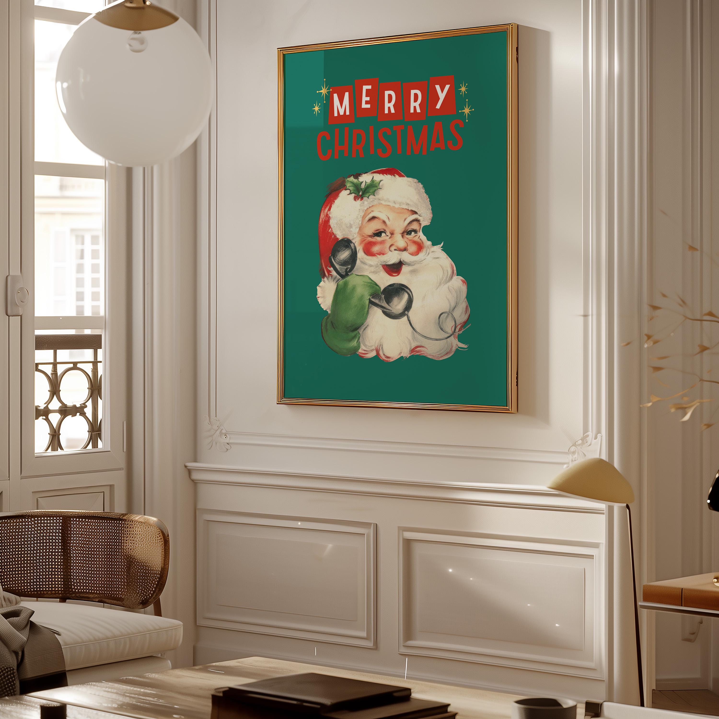 This festive Santa poster showcases a cheerful Santa Claus with a bright smile and rosy cheeks, surrounded by playful snowflakes and colorful ornaments. He carries a sack filled with presents, capturing the joy and magic of the holiday season!