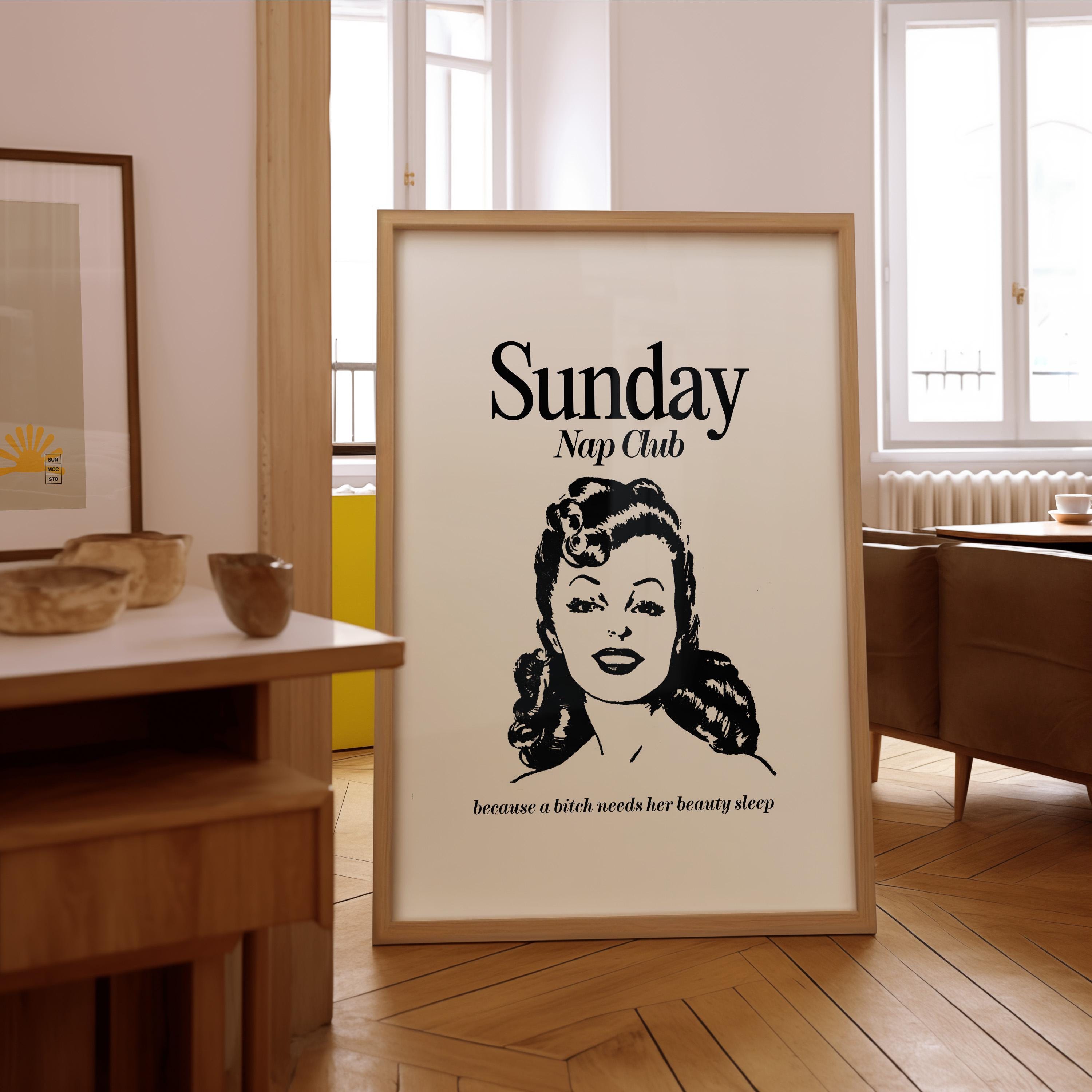 Sunday Nap Club-Large Wall Art-White Wall Print-Retro Cartoon Art-Downloadable Print-Reading Art Prints-Living Room Decor-Funny Wall Art