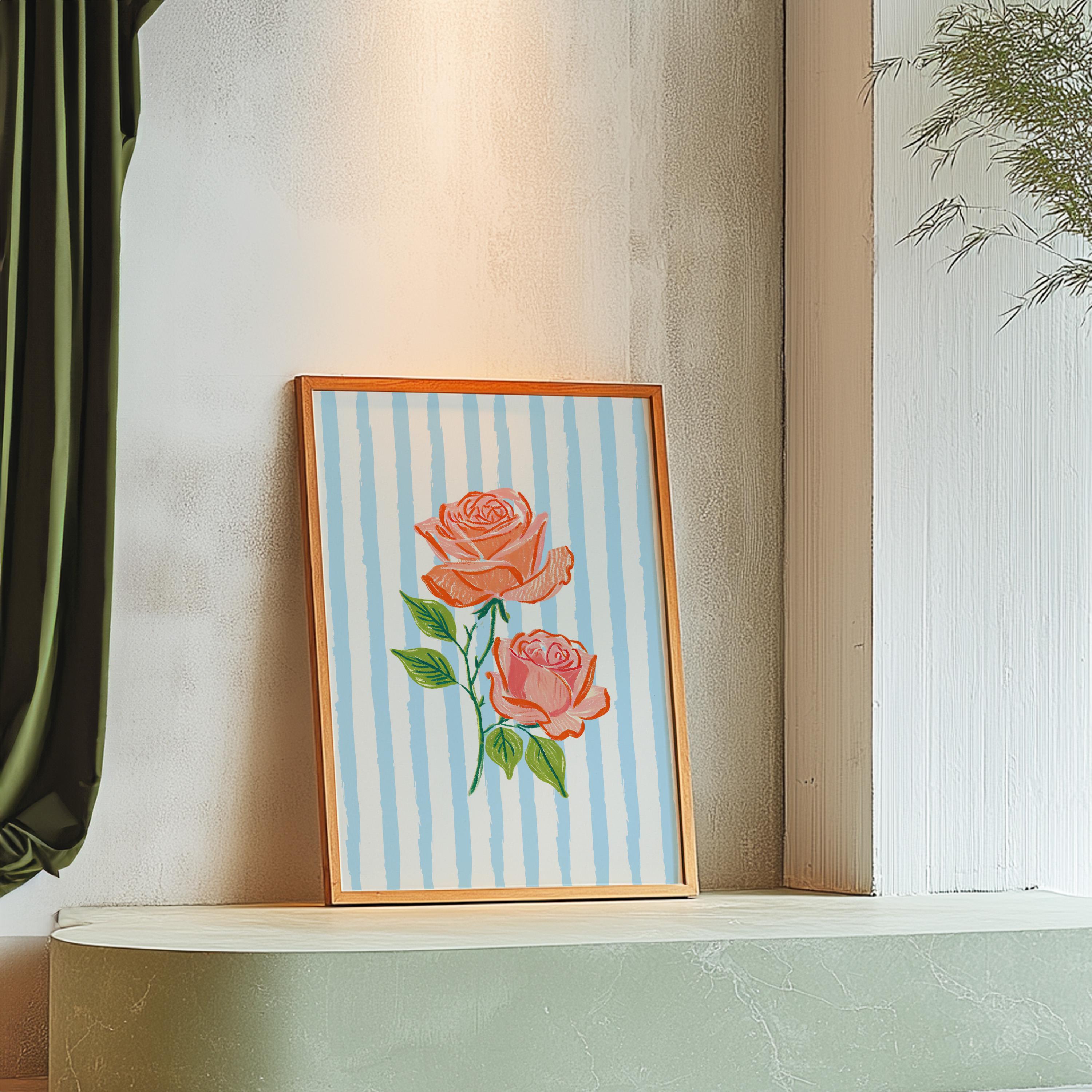 Roses Print, Digital Download, Wall Art, Trendy Decor, Kitchen, Living Room, Pink Floral Art, Cottage Art Print, GS print Shoppe, Blue Art