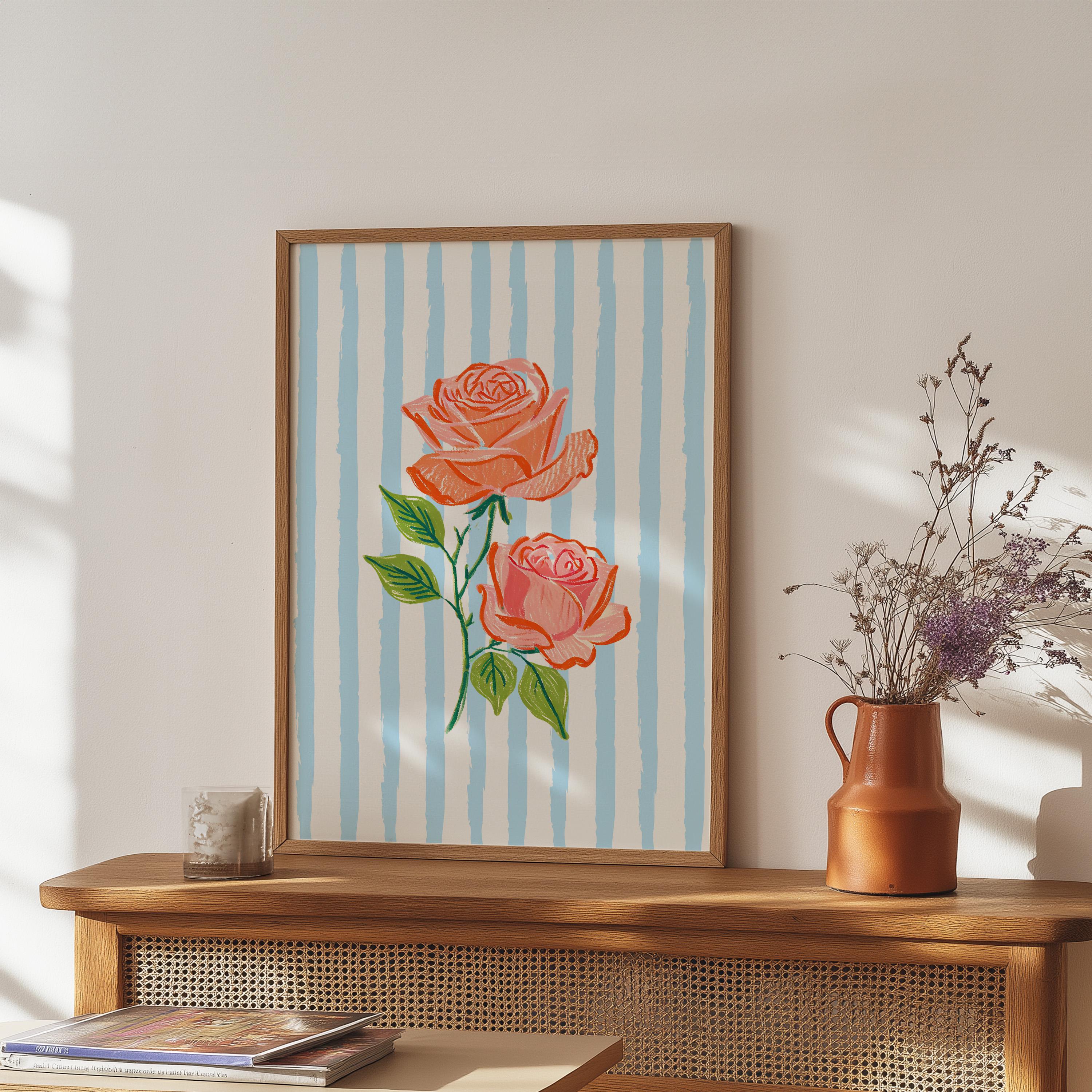 Roses Print, Digital Download, Wall Art, Trendy Decor, Kitchen, Living Room, Pink Floral Art, Cottage Art Print, GS print Shoppe, Blue Art