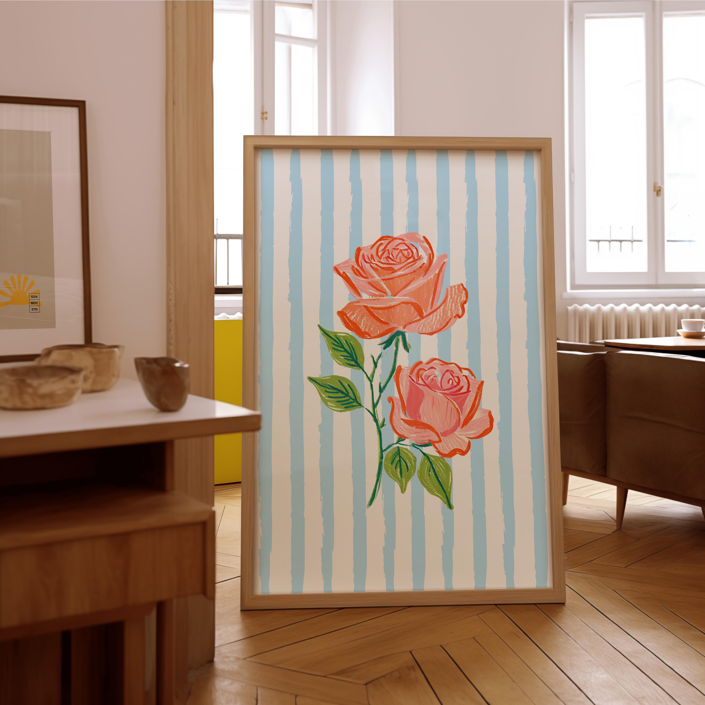 Roses Print, Digital Download, Wall Art, Trendy Decor, Kitchen, Living Room, Pink Floral Art, Cottage Art Print, GS print Shoppe, Blue Art