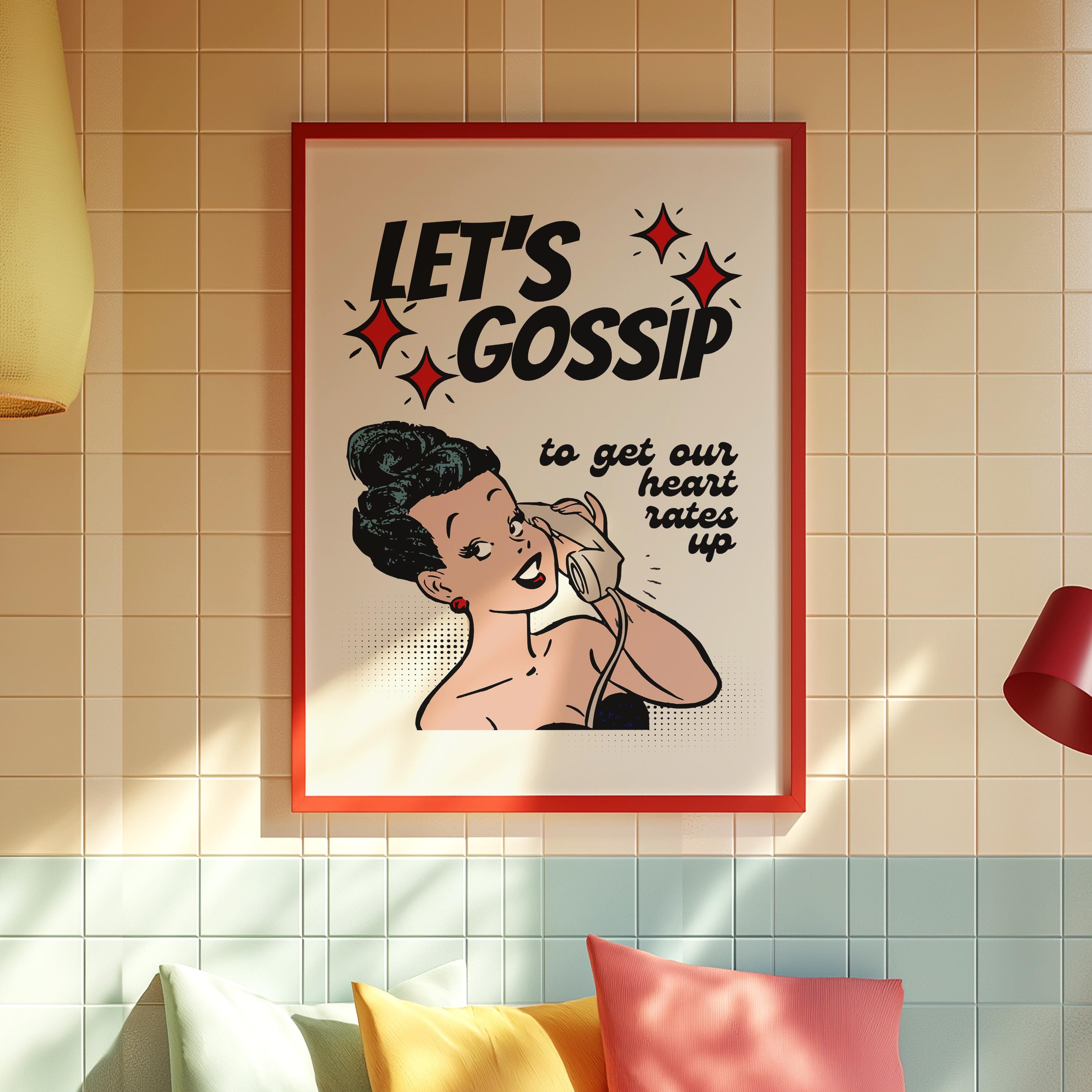 Let&#39;s Gossip-Digital Prints-Wall Art Print-Retro Cartoon Art-Downloadable Print-Bar Art Prints-Living Room Decor-Funny Wall Art-Trendy Art