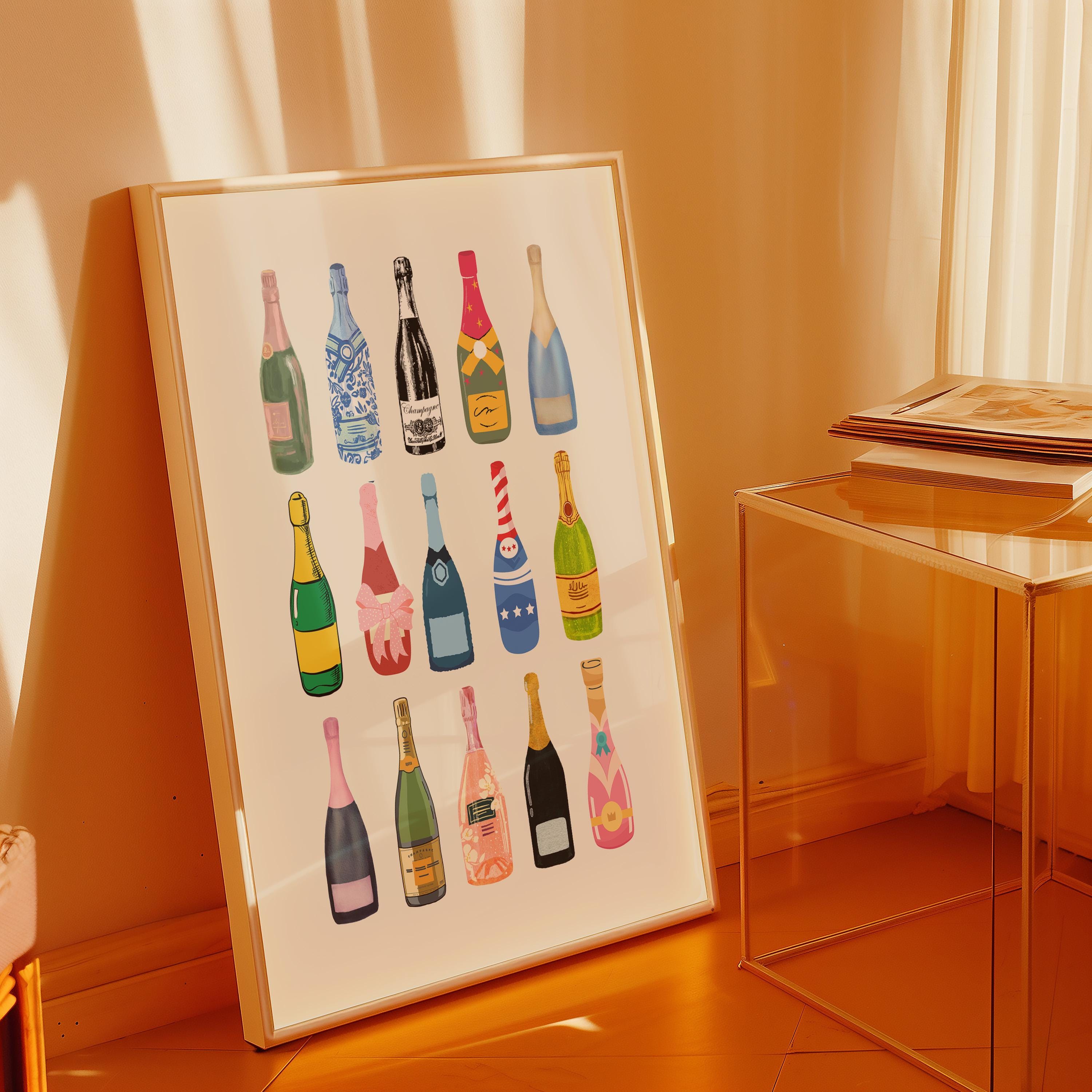 Retro Champagne Poster-Wall Print-Digital Download-Preppy Pink Prints-Barbie Doll Art-Vintage Doll Art-Y2K Aesthetic-Girly Bar Cart Art