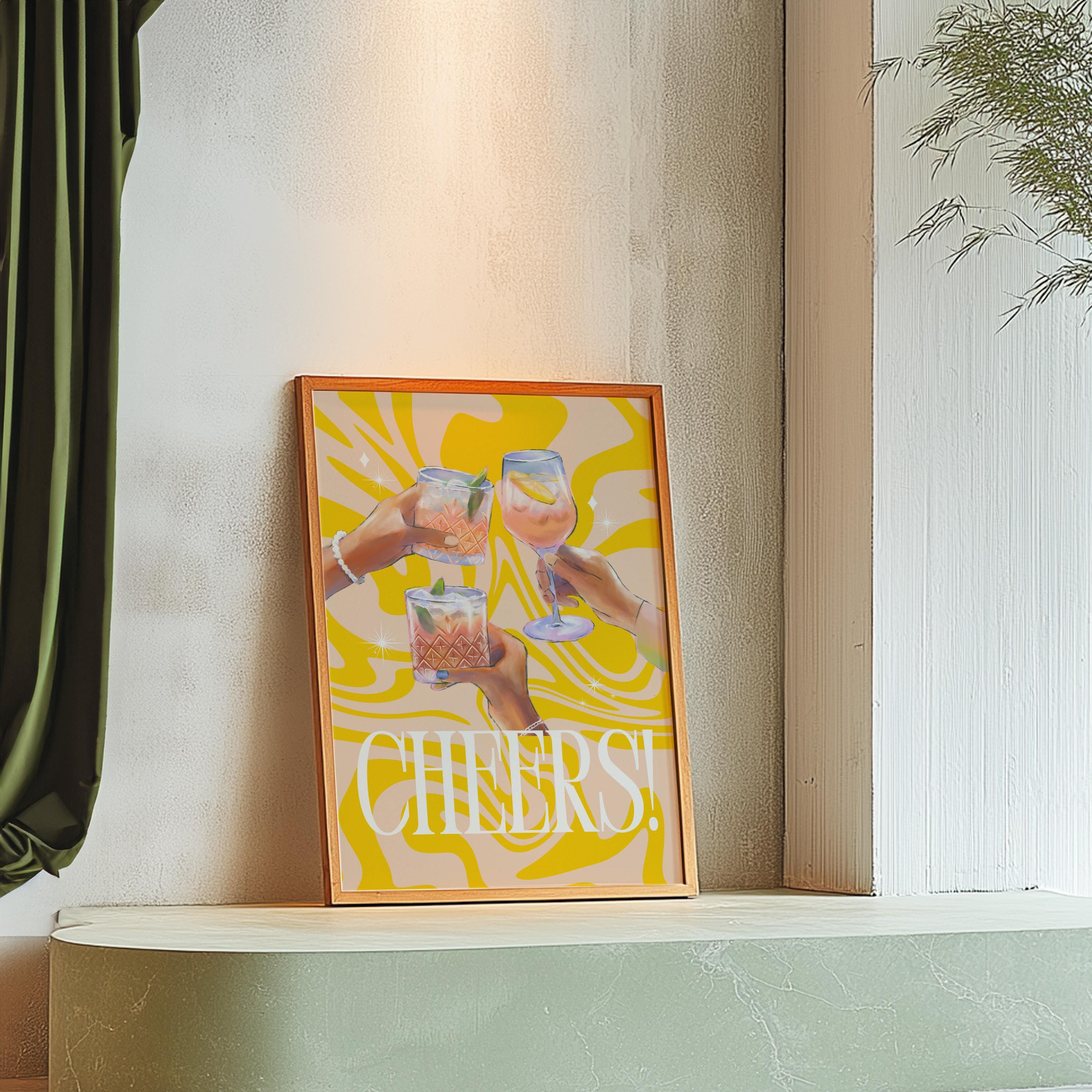 Cheers Art Prints, Martini Art, Retro Cocktail Print, Groovy Bar Cart, Maximalist Art, Yellow Digital Print, Bar Cart Decor, GS print shoppe