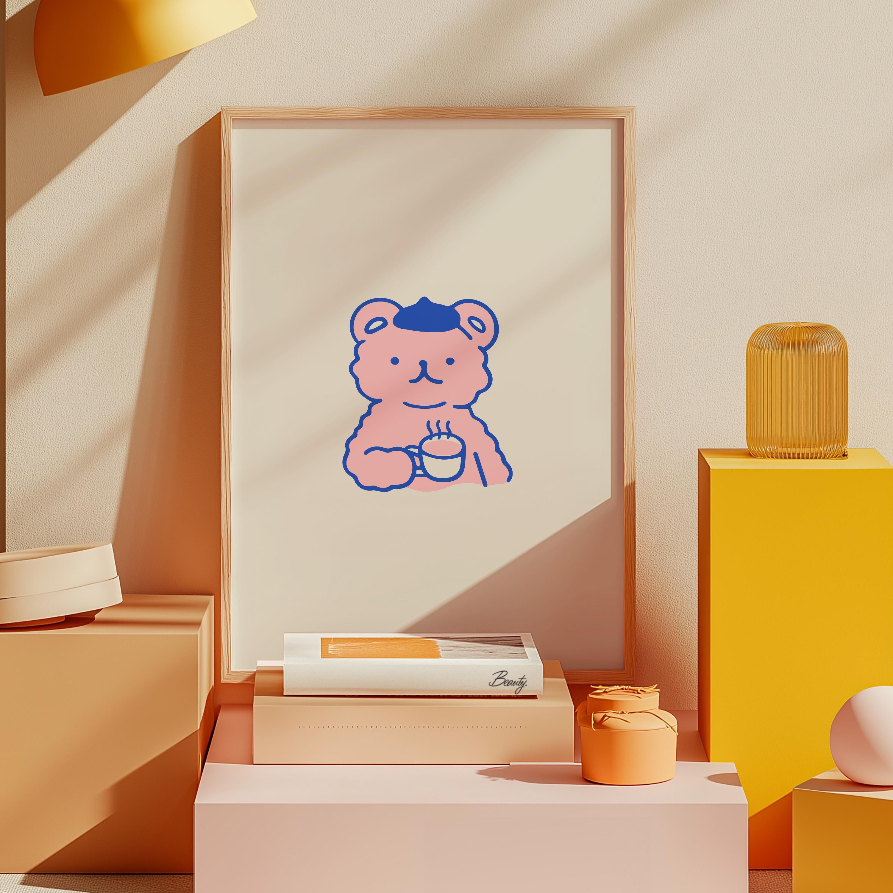 Bear Cartoon Art-Digital Prints-Cute Animal Art-Drink Art-Pink Kitchen Art-Retro Kitchen-Coffee Prints-Funny Animal Art-Beige and Pink Art