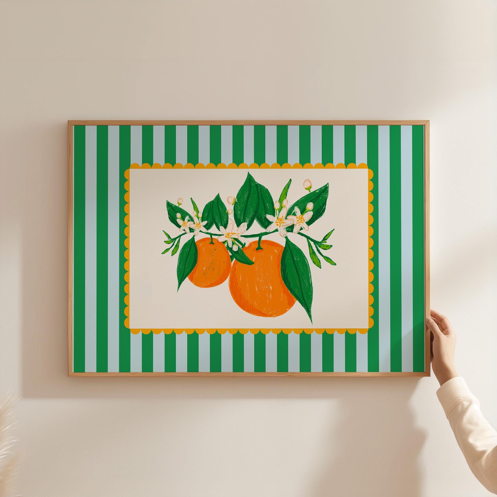 Orange Print, Cute Kitchen Wall Art, Minimalist Fruit Print, Orange Flowers Art, Aesthetic Kitchen Decor, Digital Download, Stripe Art Print