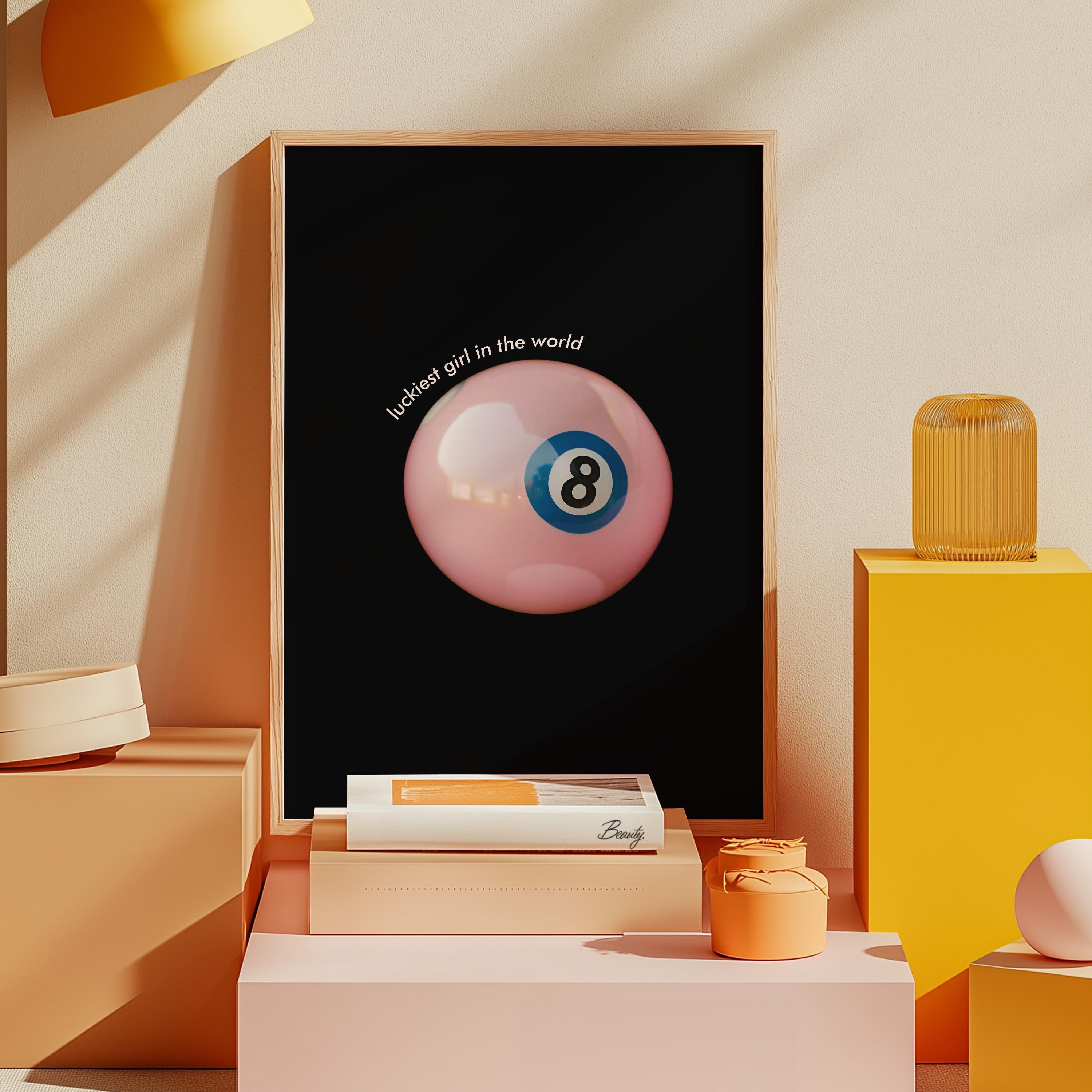 Vintage Pool Ball Print, Lucky 8 Ball Wall Art, Retro Hand Drawn Eight Ball Poster, Pink Lucky You Print, GS Print Shoppe