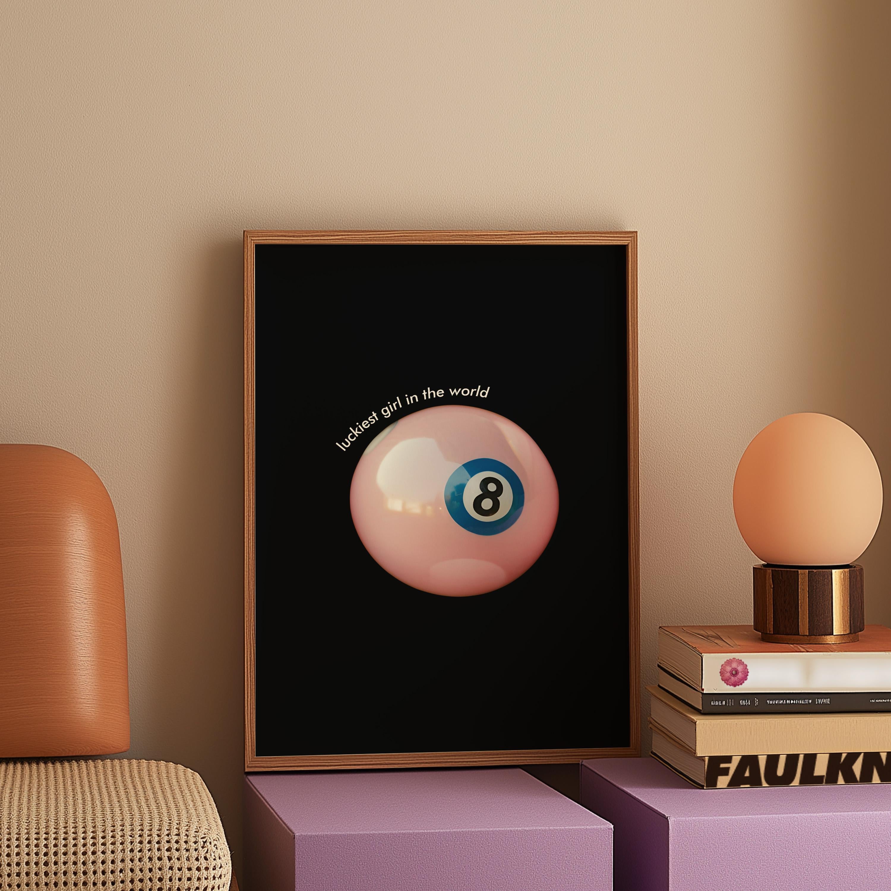 Vintage Pool Ball Print, Lucky 8 Ball Wall Art, Retro Hand Drawn Eight Ball Poster, Pink Lucky You Print, GS Print Shoppe