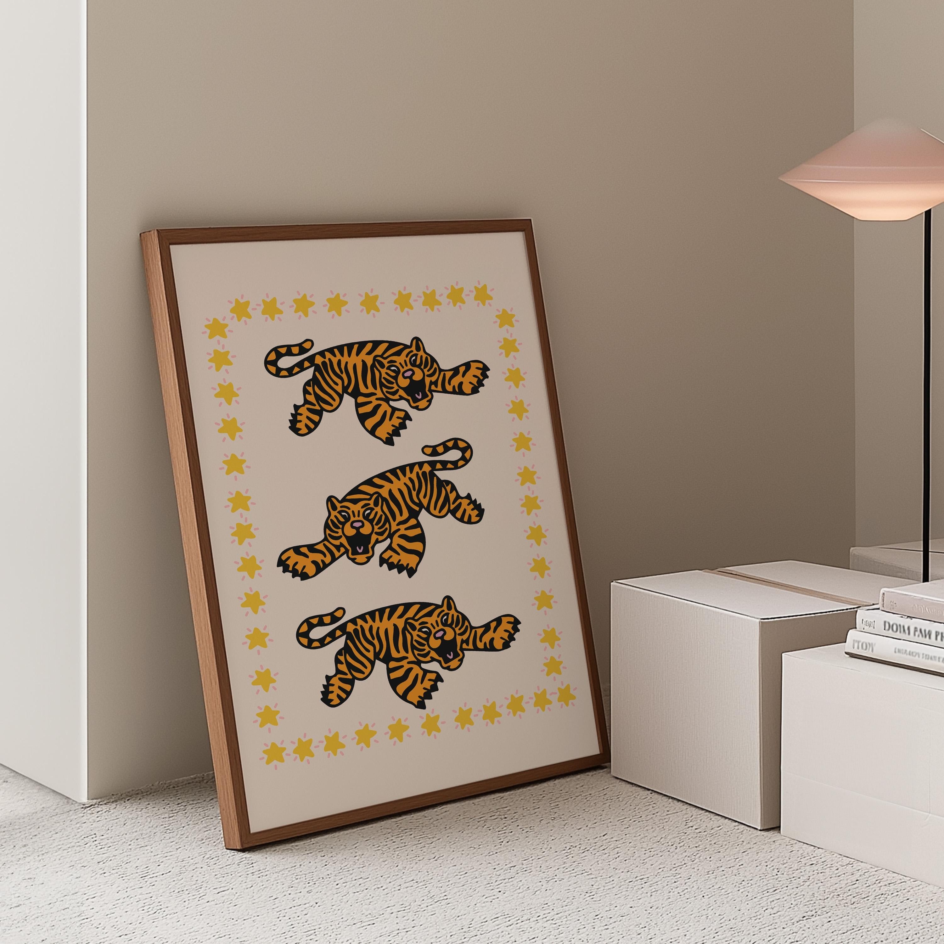 Tiger Art Print, White and Orange Art, Kids Art Print, Tiger Art, Tiger Posters, Tiger Cartoon Print, Funny Cute Animal Art, GS print shoppe
