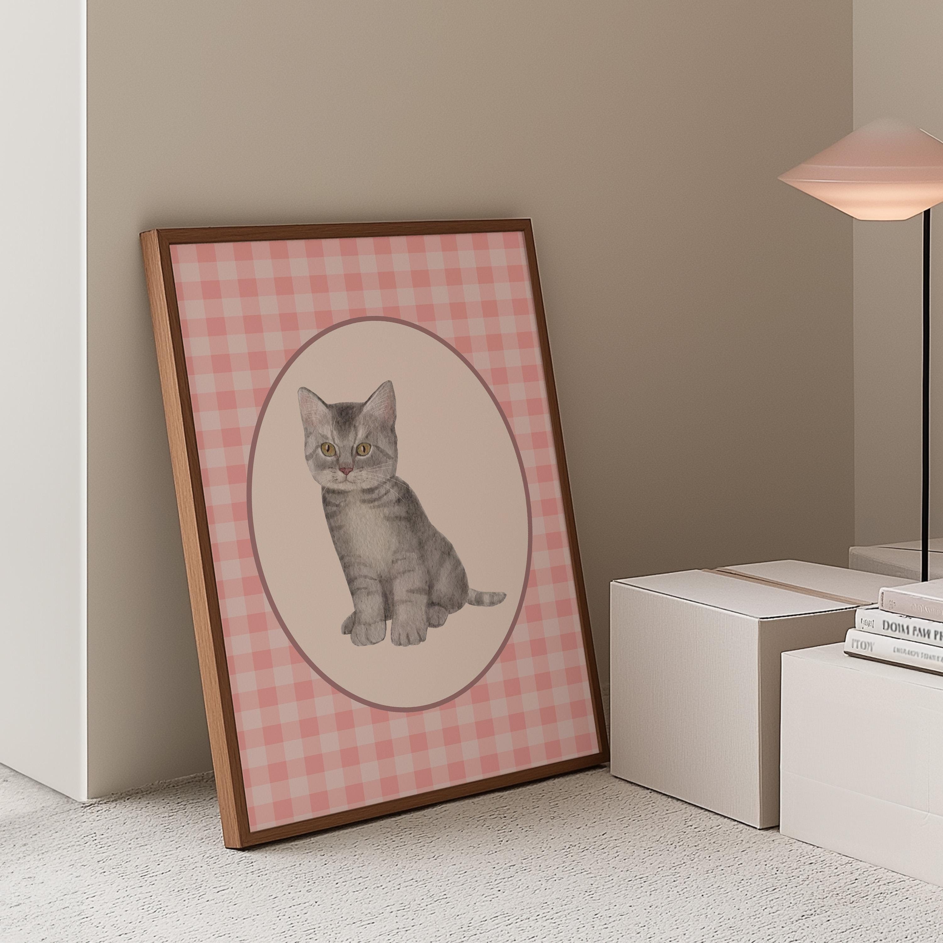 Cute Cat Print, Minimalist Decor, Cat Owner Gift, Kitten Poster, Trendy Cat Wall Art, Pink Checker Art, Digital Download, GS Print Shoppe