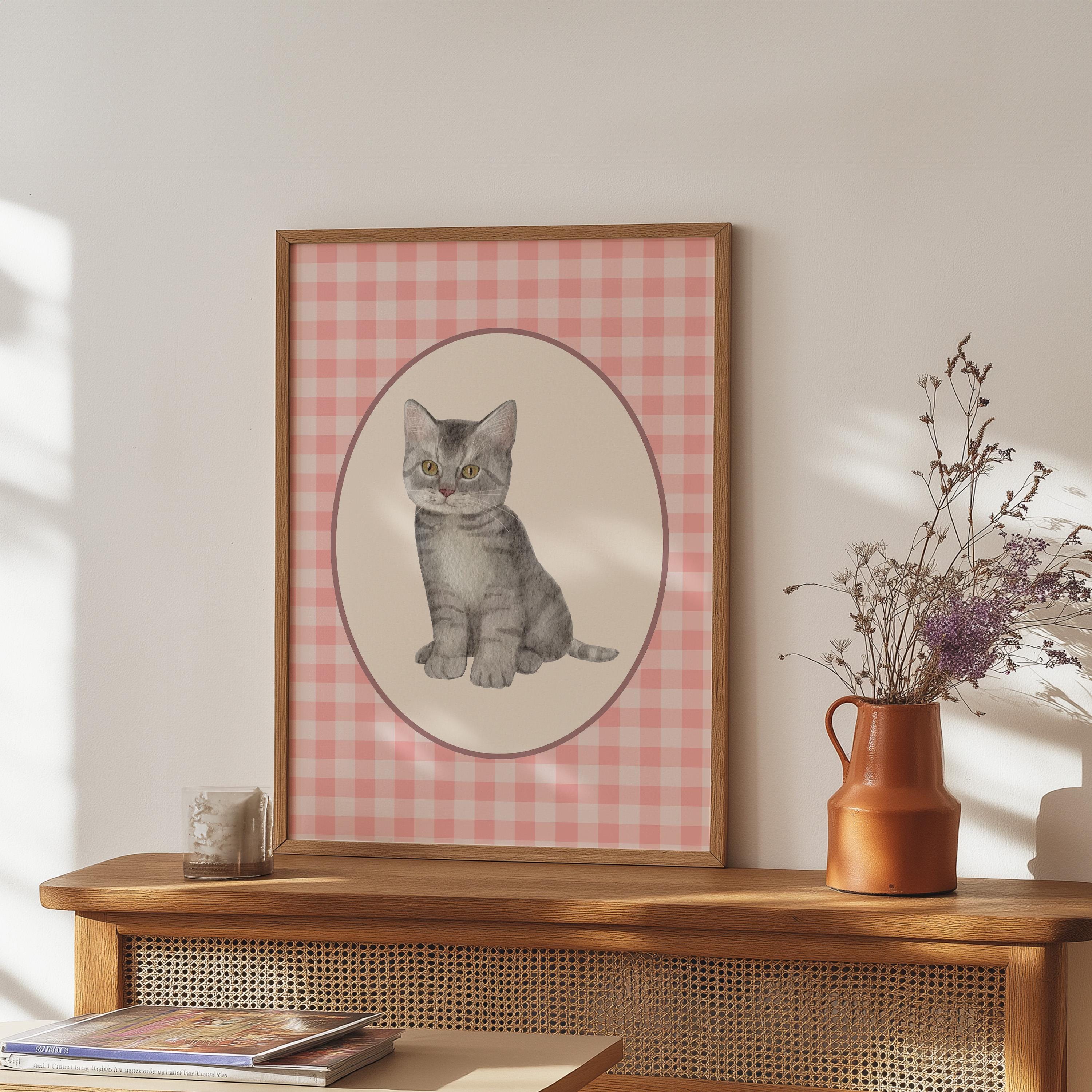 Cute Cat Print, Minimalist Decor, Cat Owner Gift, Kitten Poster, Trendy Cat Wall Art, Pink Checker Art, Digital Download, GS Print Shoppe