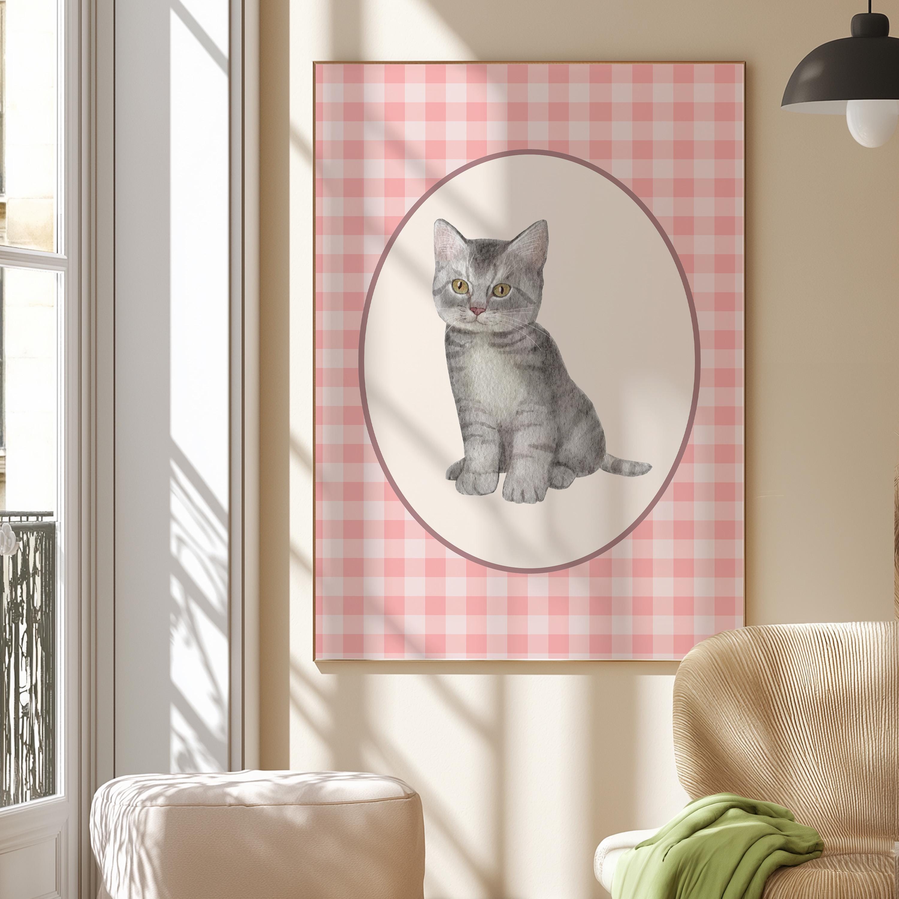 Cute Cat Print, Minimalist Decor, Cat Owner Gift, Kitten Poster, Trendy Cat Wall Art, Pink Checker Art, Digital Download, GS Print Shoppe