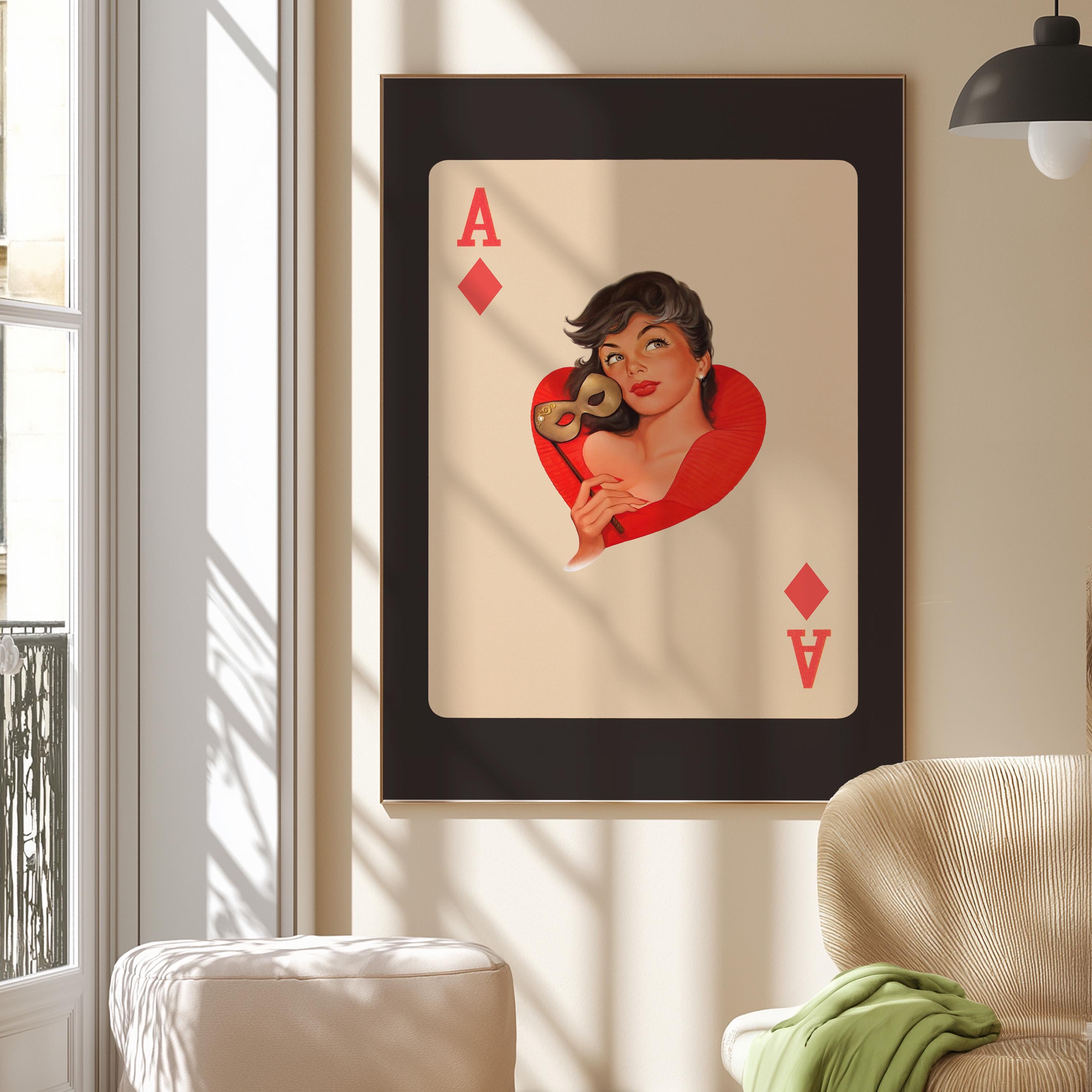 Vintage Playing Card Poster, Whimsical Playing Card, Retro Art Wall Decor, Poker Card Artwork, Home Decor, Pin Up Retro Art, GS Print Shoppe