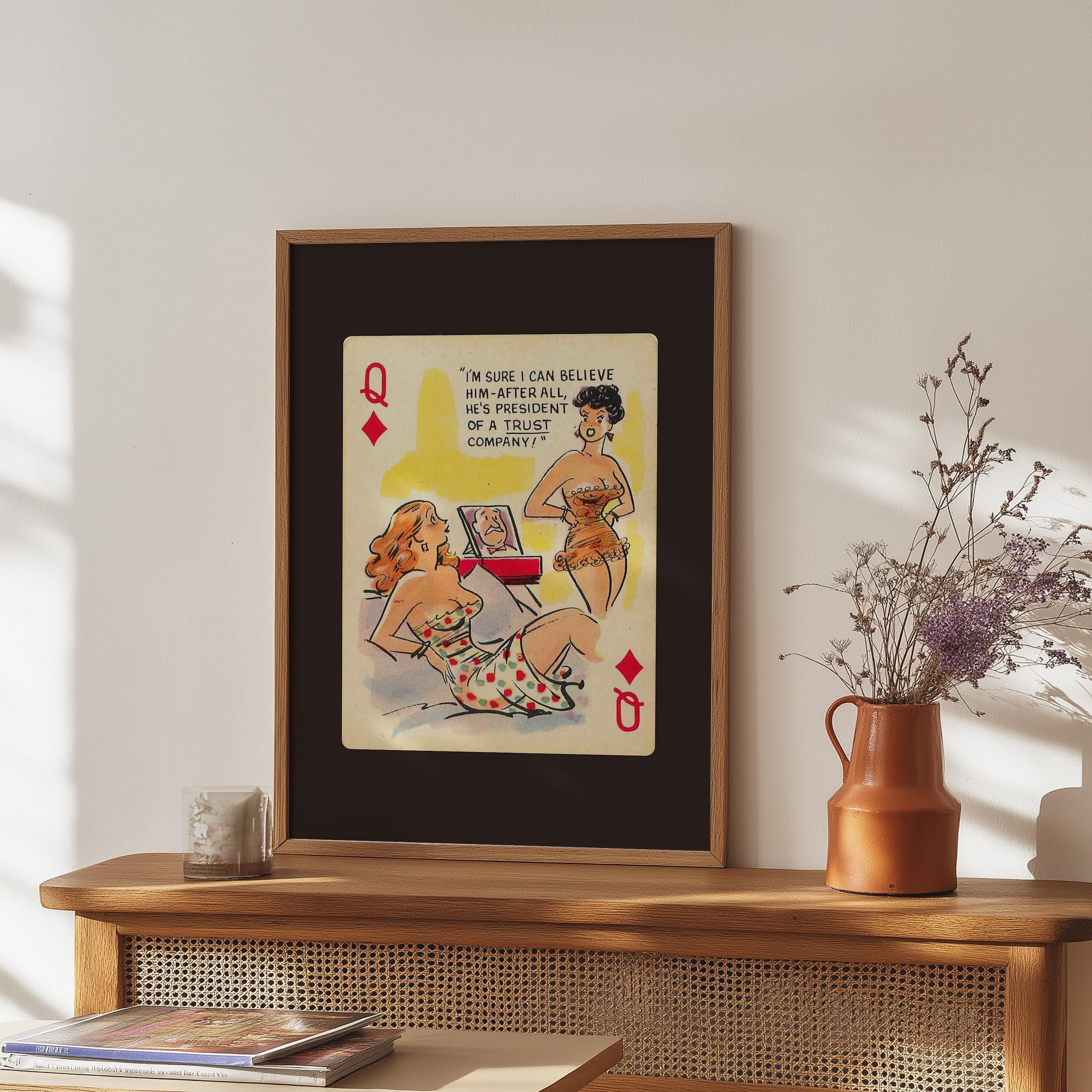 Comic Wall Art, Funny Wall Art, Playing Card Print, Feminist Art, Retro Art Print, Vintage Playing Card, Girly Cartoon Art, Apartment Art