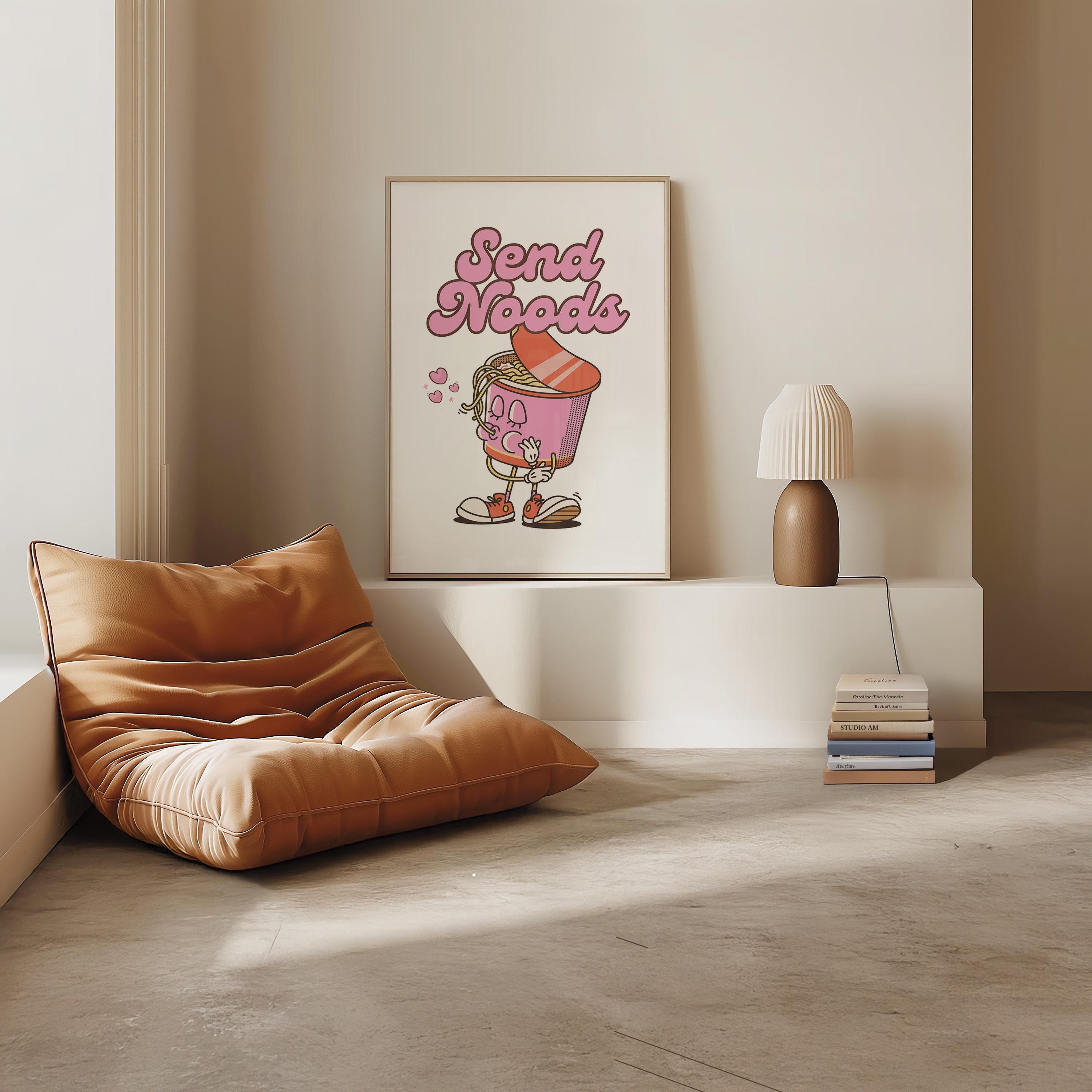 Send Noods Print, Retro Kitchen Print, Pink Noodles Wall Print, Asian Food Wall Art, Retro Poster, Retro Quote Print, Cup of Noodles Art