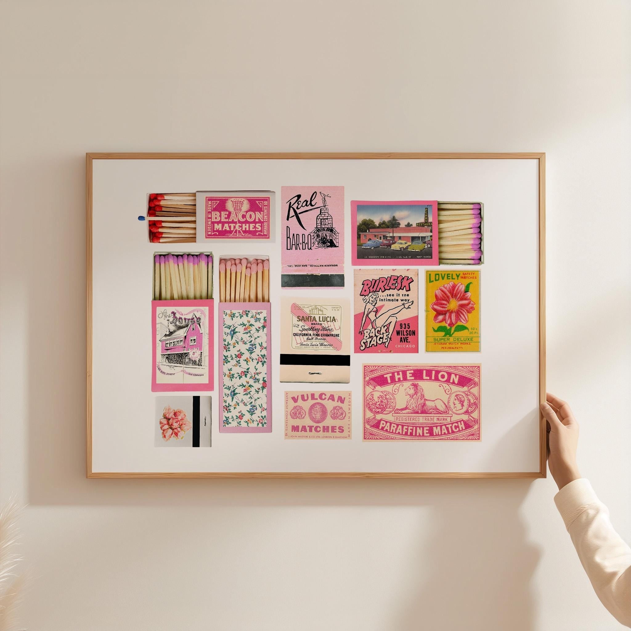 Pink Matchbox Print, Trendy Matches Poster, Retro Matchbook Wall Art, Bar Cart Aesthetic Print for Apartment, Instant Digital Download
